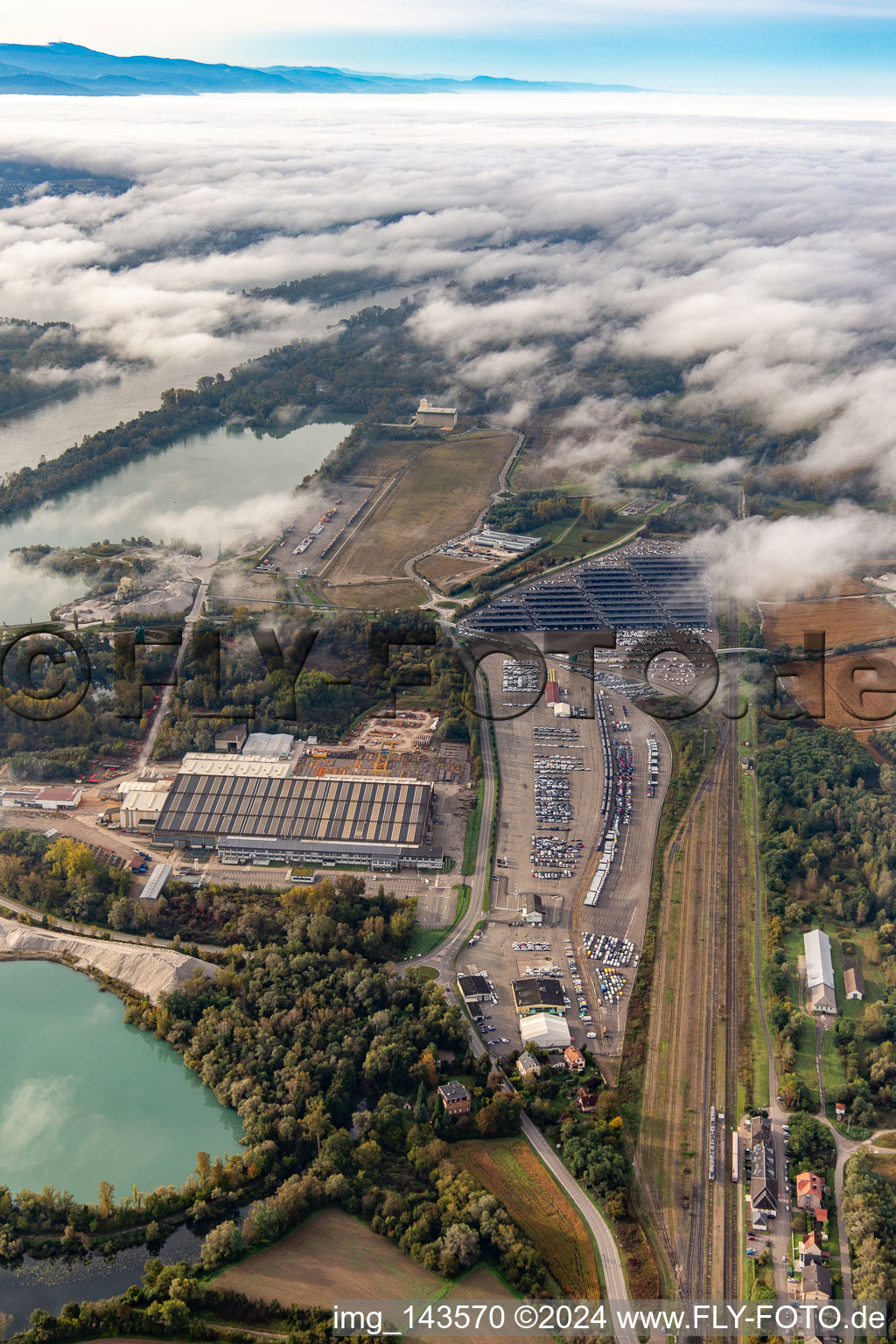 Aerial view of Effage Métal Usine de Lauterbourg and "Walon", one of the major customs transshipment points for car imports in Lauterbourg in the state Bas-Rhin, France