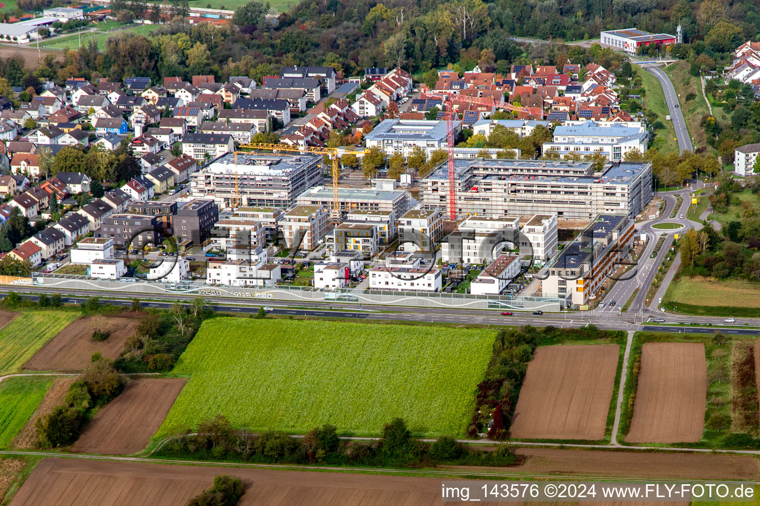 New building construction site on Emil-Wachter-Straße in the district Mörsch in Rheinstetten in the state Baden-Wuerttemberg, Germany