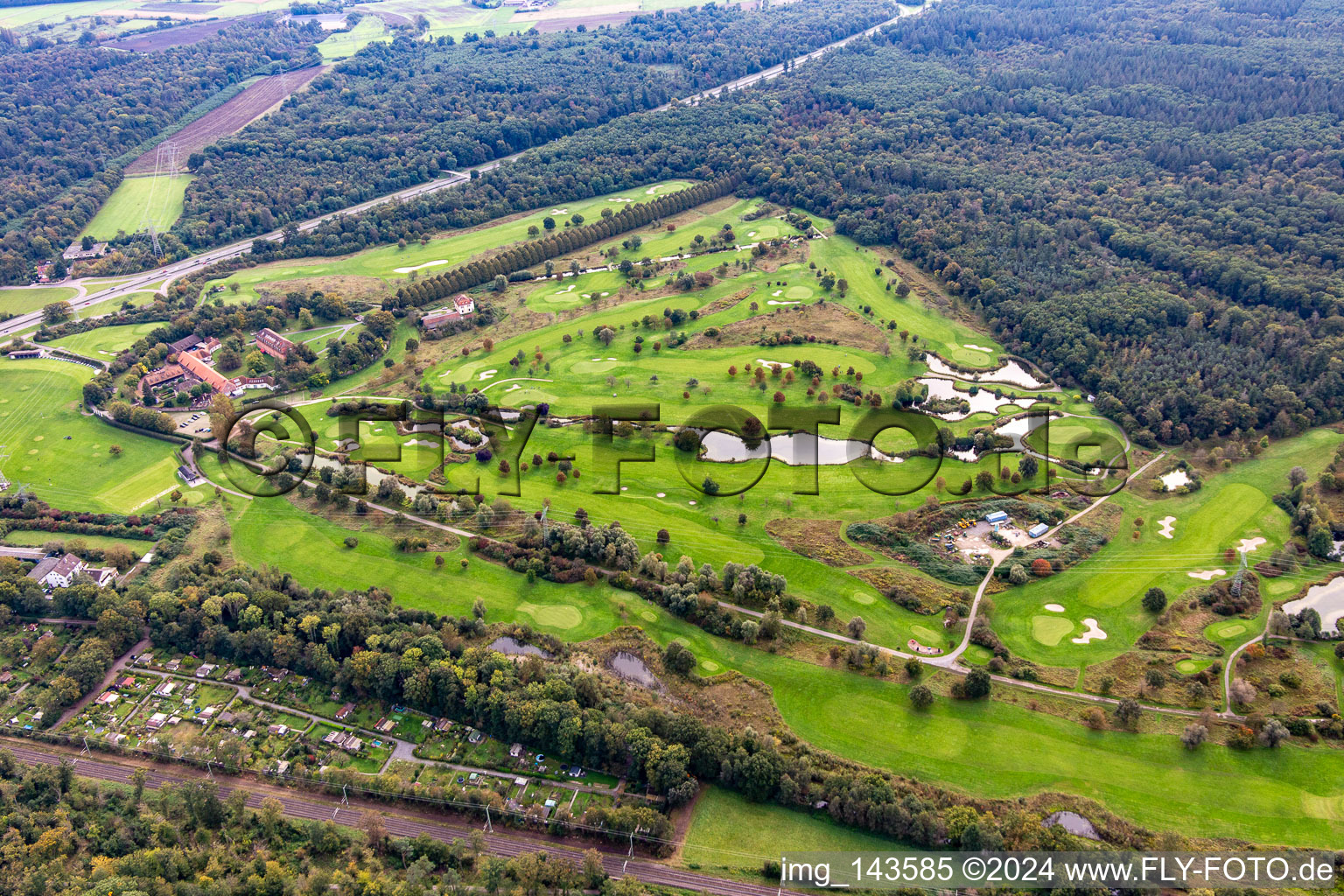 Oblique view of Golf course Hofgut Scheibenhardt AG in the district Beiertheim-Bulach in Karlsruhe in the state Baden-Wuerttemberg, Germany