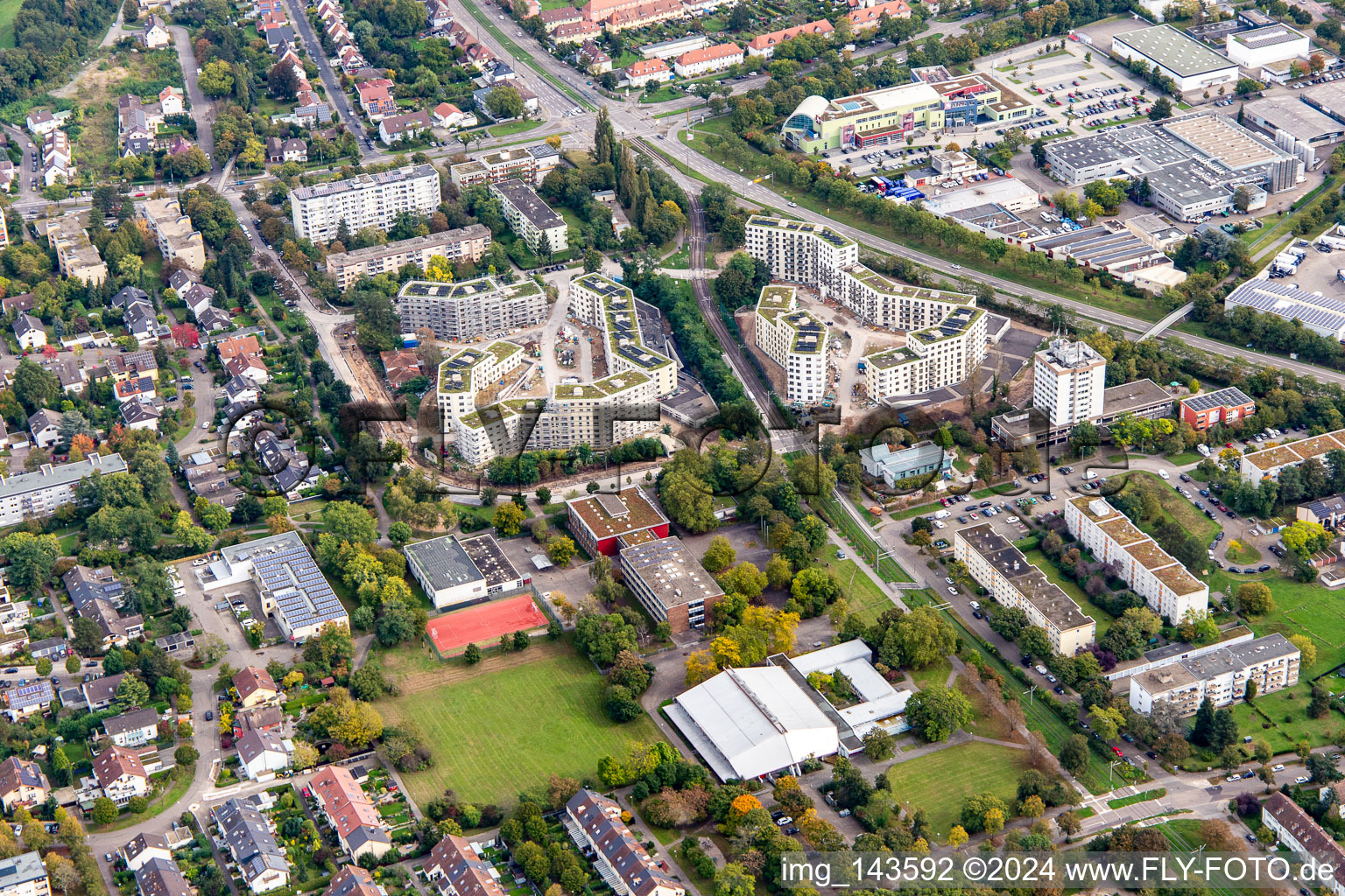 Major construction site for new buildings on August-Dosenbach-Straße and Nilpferdweg in the district Daxlanden in Karlsruhe in the state Baden-Wuerttemberg, Germany