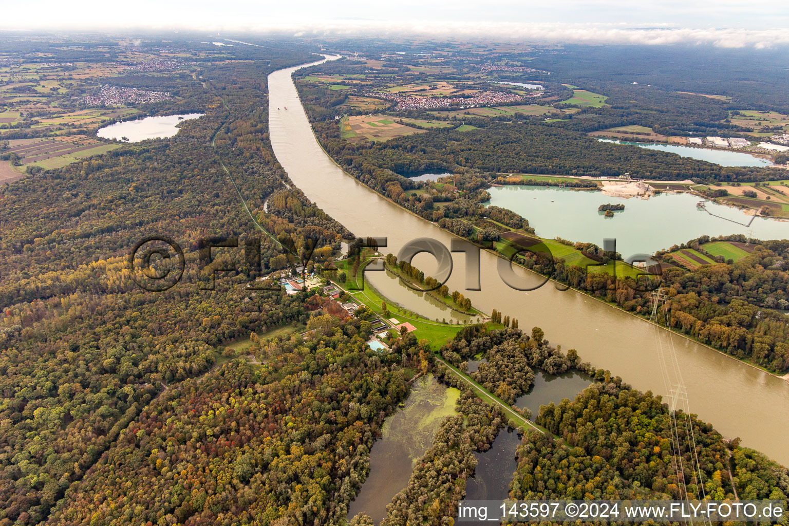 Rhine with flooding at the Rheinstrandbad Rappenwört in the district Daxlanden in Karlsruhe in the state Baden-Wuerttemberg, Germany