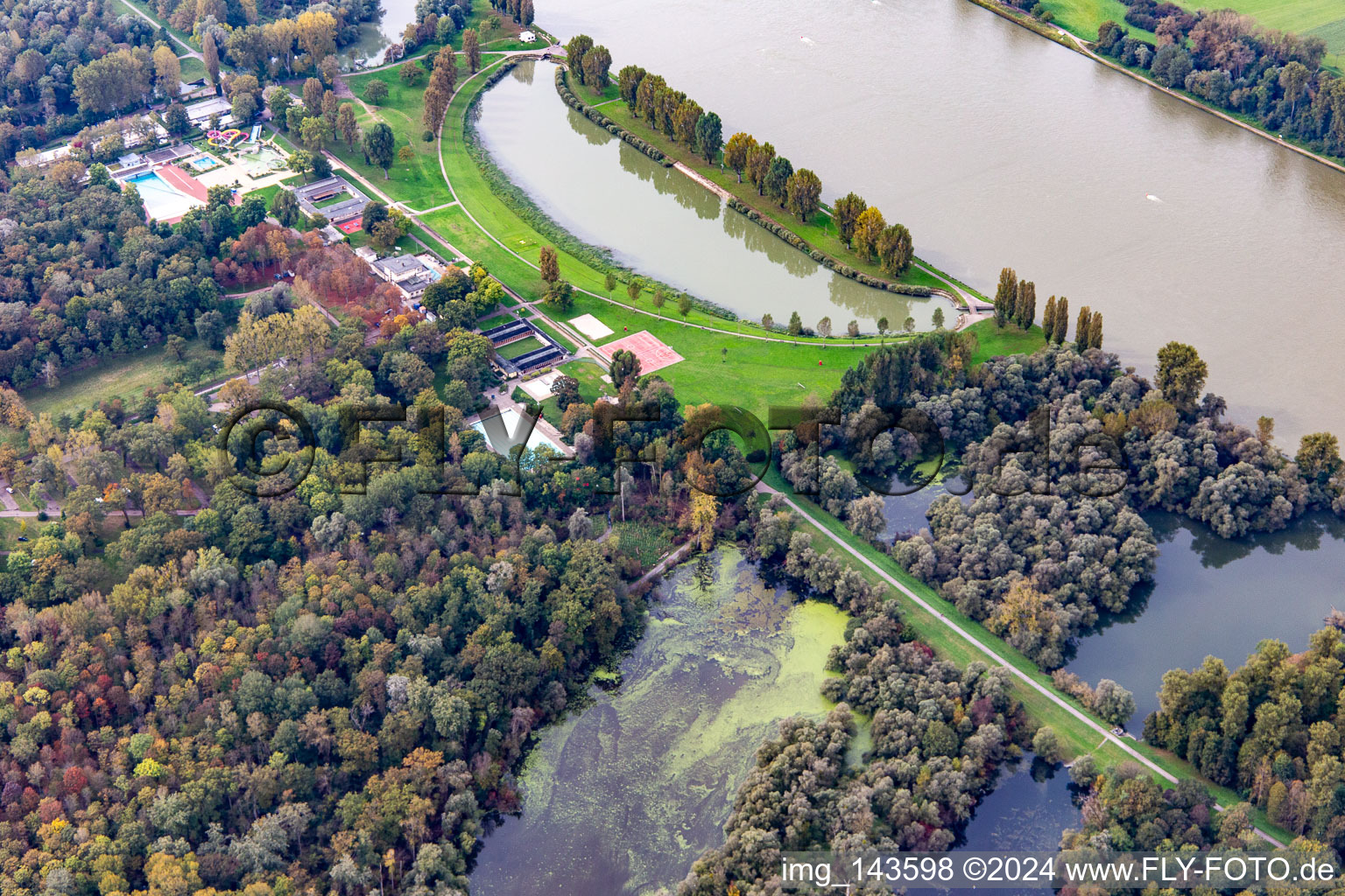 Aerial view of Rhine with flooding at the Rheinstrandbad Rappenwört in the district Daxlanden in Karlsruhe in the state Baden-Wuerttemberg, Germany
