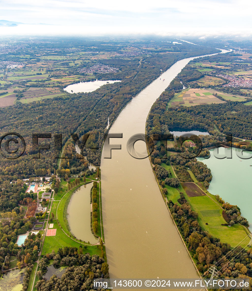 Aerial photograpy of Rhine with flooding at the Rheinstrandbad Rappenwört in the district Daxlanden in Karlsruhe in the state Baden-Wuerttemberg, Germany
