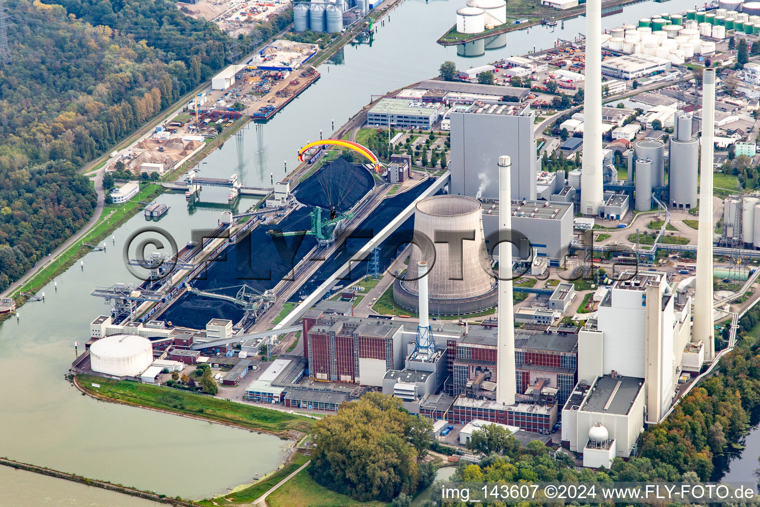 Aerial view of Paraglider at the Rheinhafen steam power plant Karlsruhe of EnBW Energie Baden-Württemberg AG in the district Daxlanden in Karlsruhe in the state Baden-Wuerttemberg, Germany