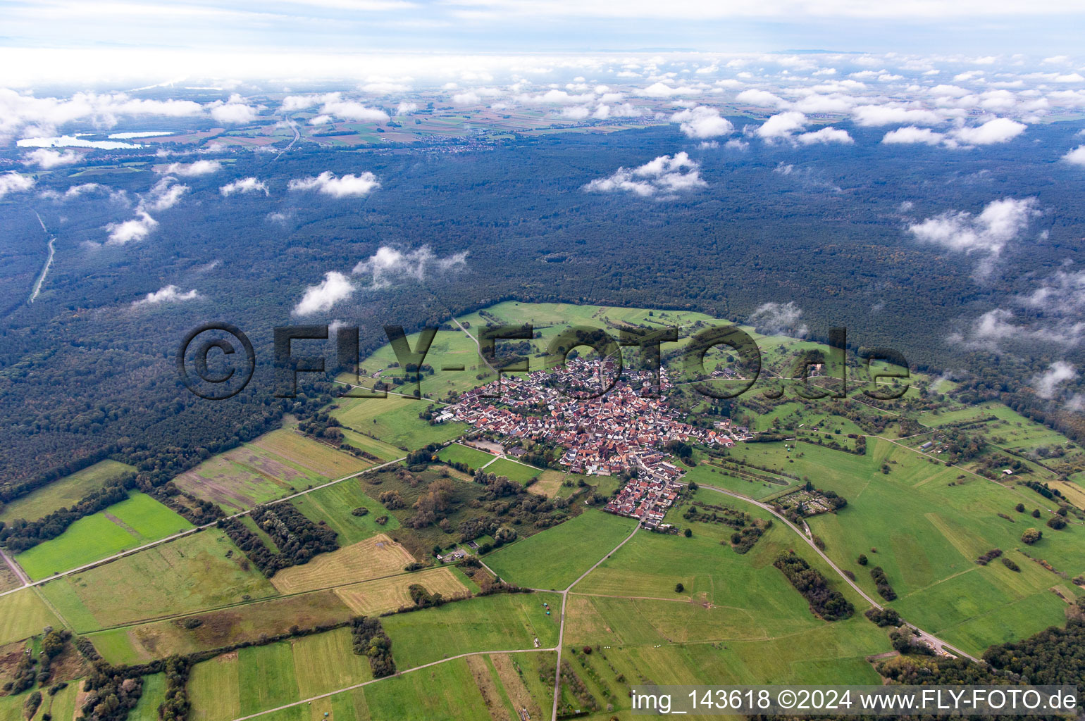 An island in the Bienwald under clouds in the district Büchelberg in Wörth am Rhein in the state Rhineland-Palatinate, Germany from above
