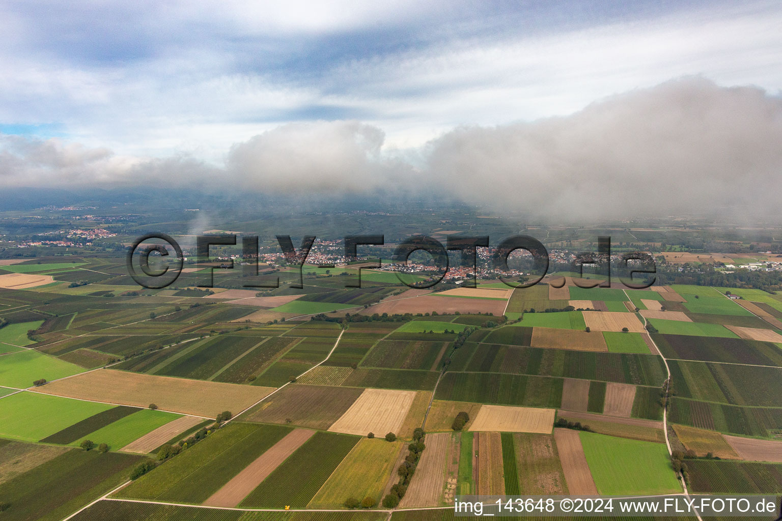 Village under autumn clouds from the south in the district Billigheim in Billigheim-Ingenheim in the state Rhineland-Palatinate, Germany