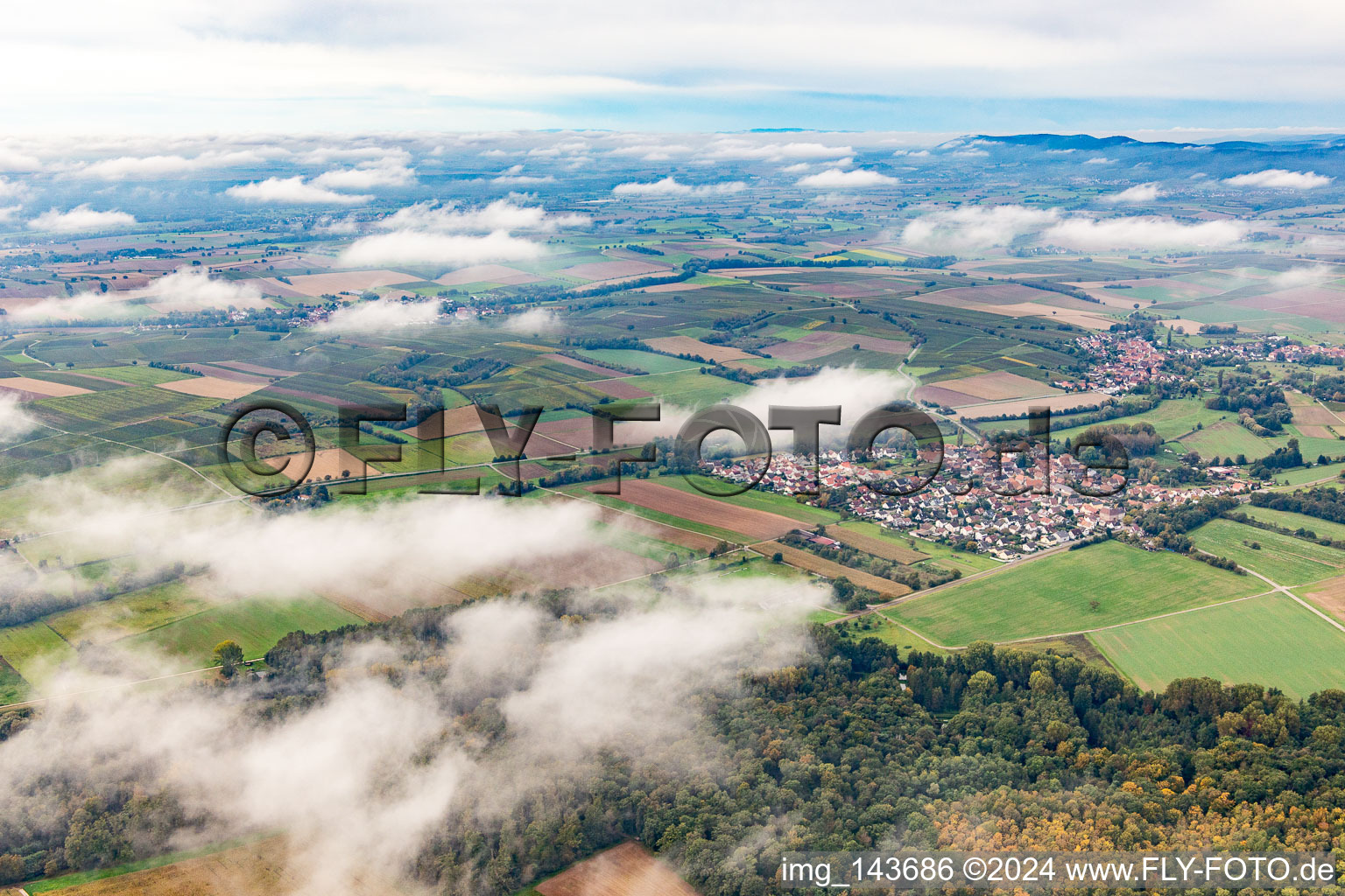 Aerial view of Village under autumn clouds in Barbelroth in the state Rhineland-Palatinate, Germany