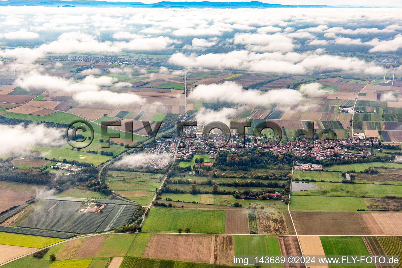 Aerial view of Village under autumn clouds in Winden in the state Rhineland-Palatinate, Germany