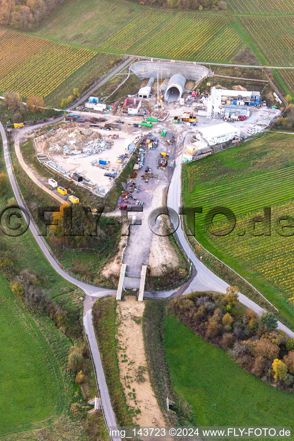Drone recording of Construction site of the eastern tunnel portal for the Astrid Tunnel for the underpass and bypass of Bad Bergzabern between B38 (Weinstraße) and B427 (Kurtalstraße) in Dörrenbach in the state Rhineland-Palatinate, Germany