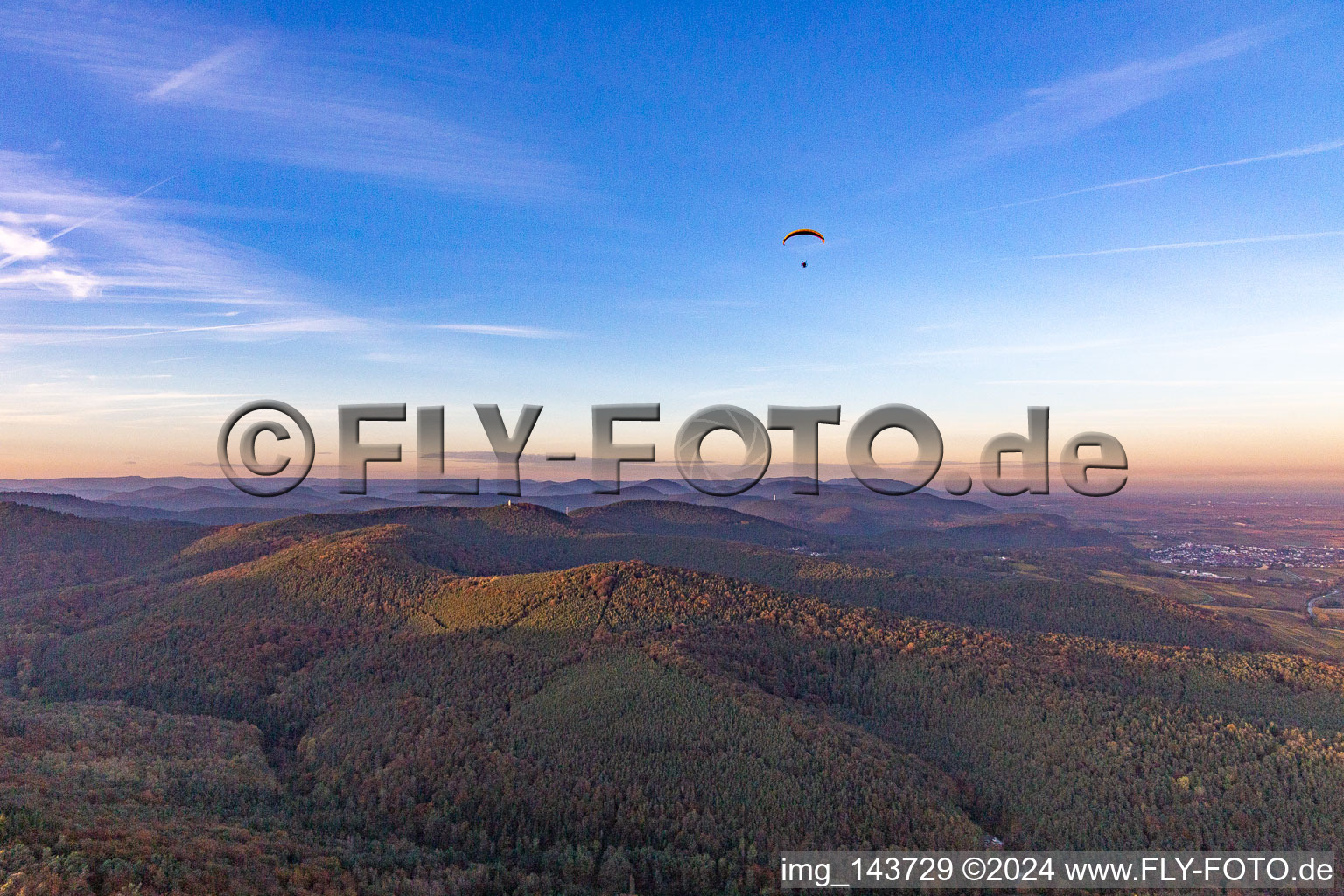 Paragliders over the Palatinate Forest in Oberotterbach in the state Rhineland-Palatinate, Germany