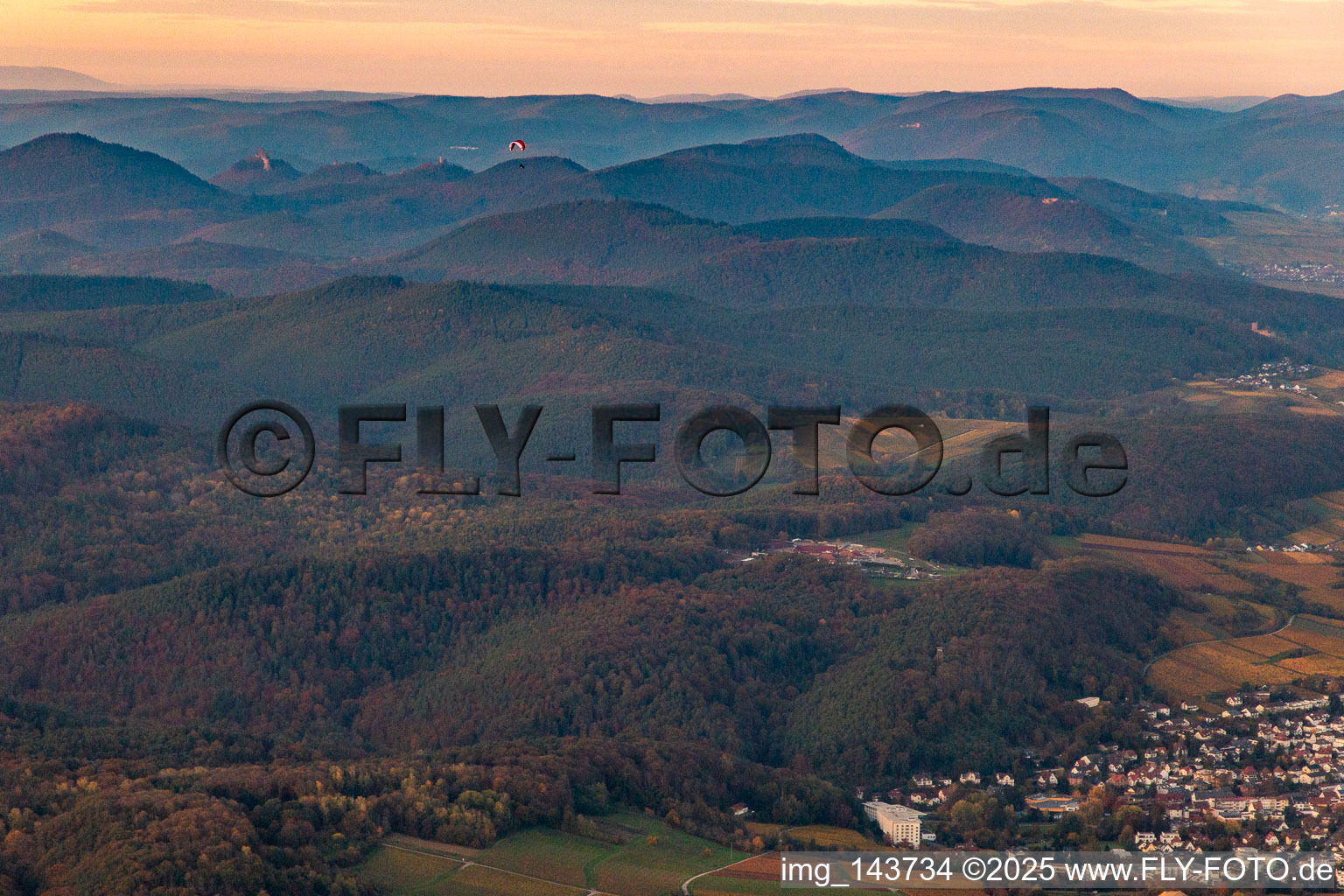 Paraglider over the Haardt edge in Bad Bergzabern in the state Rhineland-Palatinate, Germany