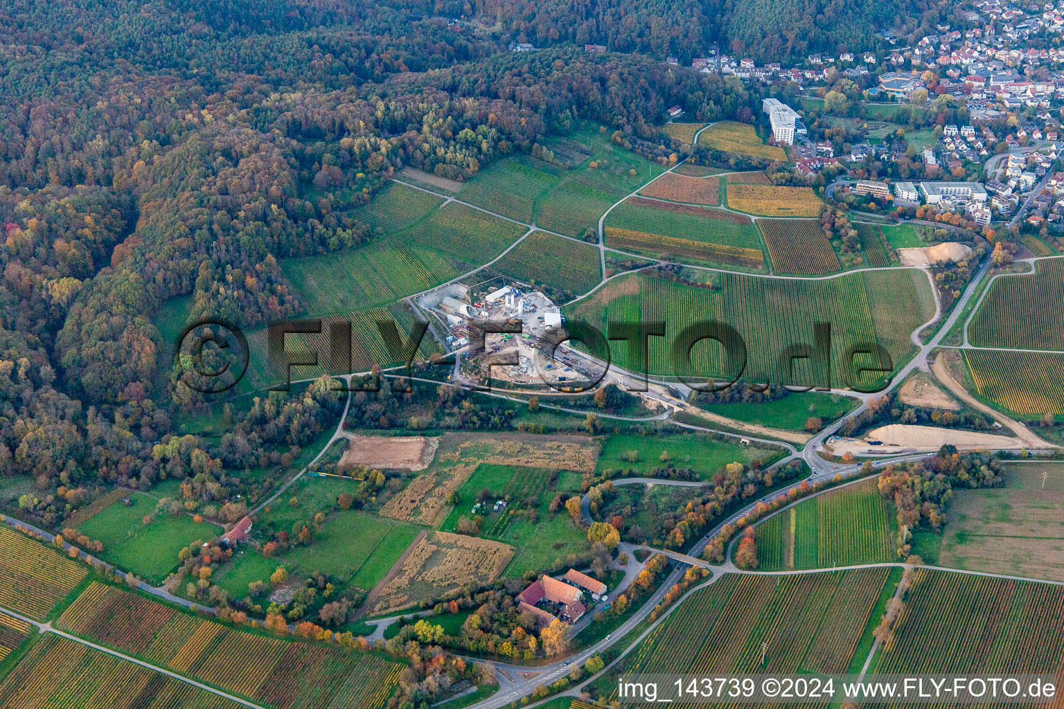 Drone image of Construction site of the eastern tunnel portal for the Astrid Tunnel for the underpass and bypass of Bad Bergzabern between B38 (Weinstraße) and B427 (Kurtalstraße) in Dörrenbach in the state Rhineland-Palatinate, Germany