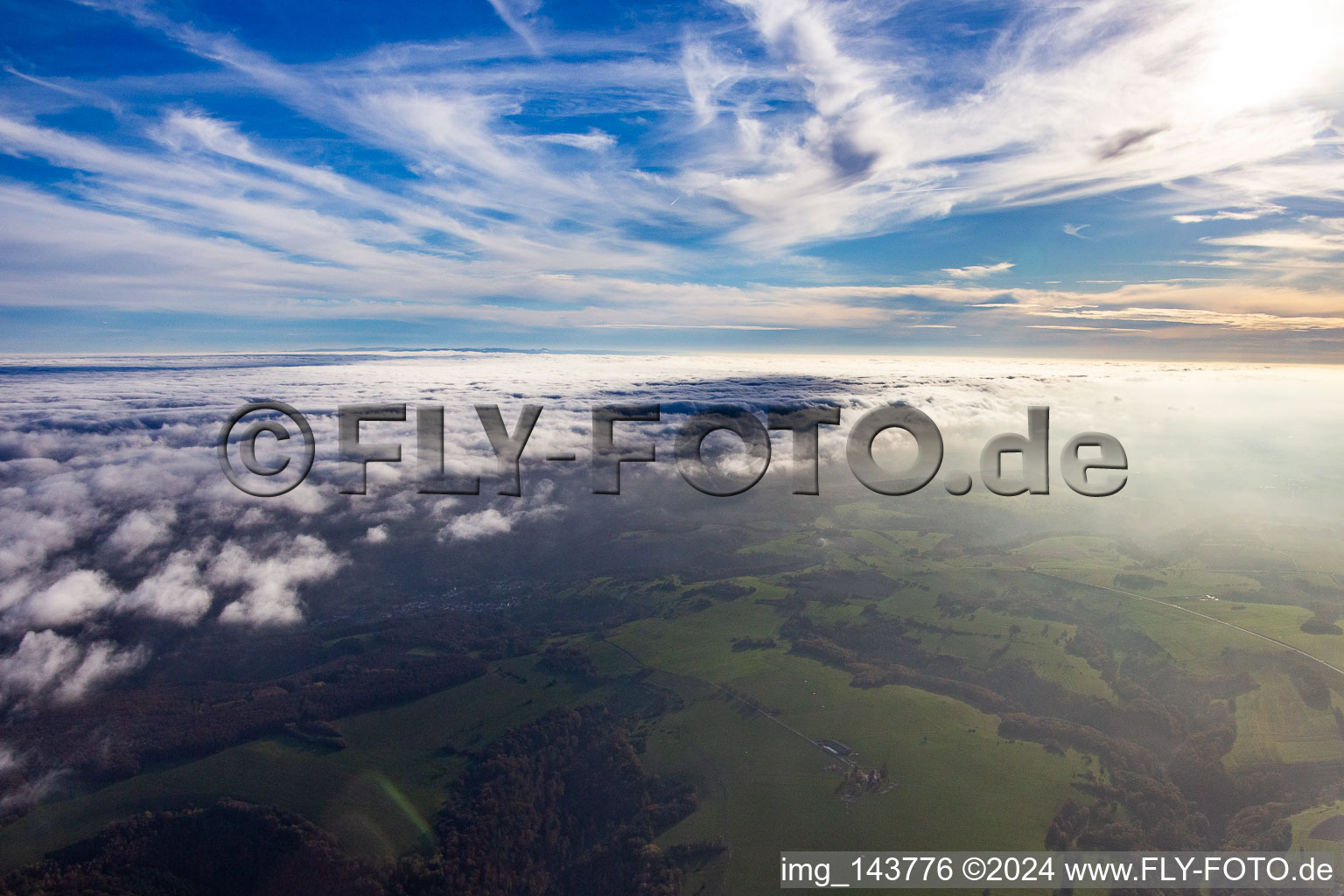 Aerial view of Clouds over the Northern Vosges in Roppeviller in the state Moselle, France