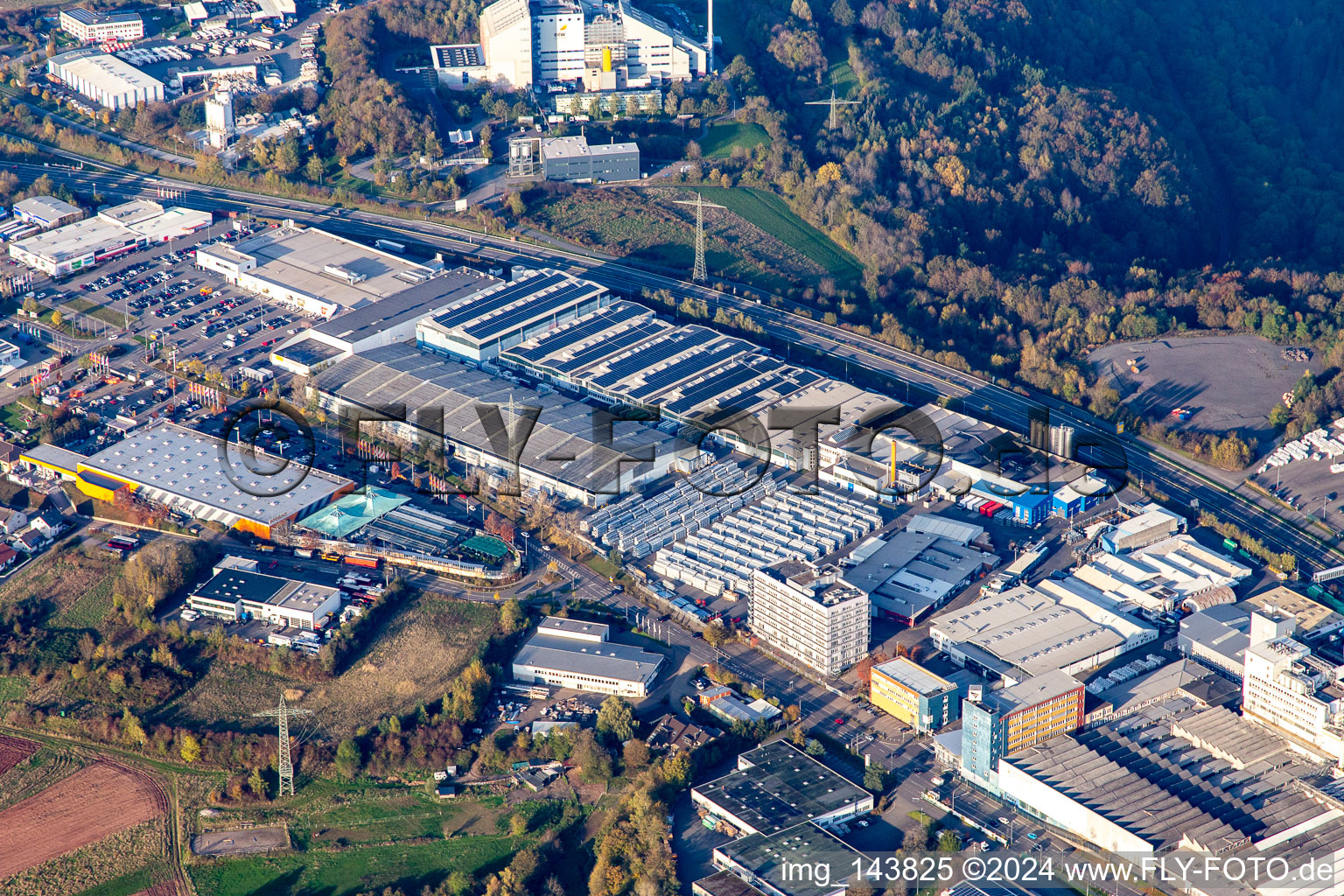 Aerial view of Industrial area West Zweibrücker Straße with Kömmerling Chemical Factory GmbH in the district Fehrbach in Pirmasens in the state Rhineland-Palatinate, Germany