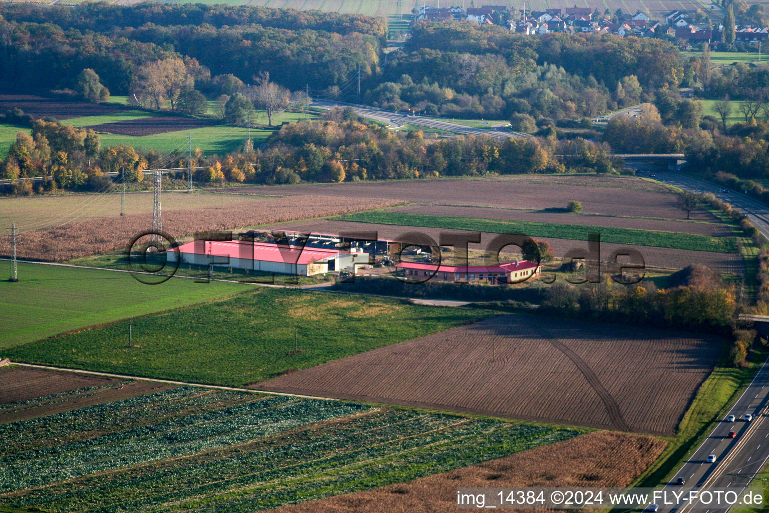 Chicken farm egg farm in Erlenbach bei Kandel in the state Rhineland-Palatinate, Germany out of the air