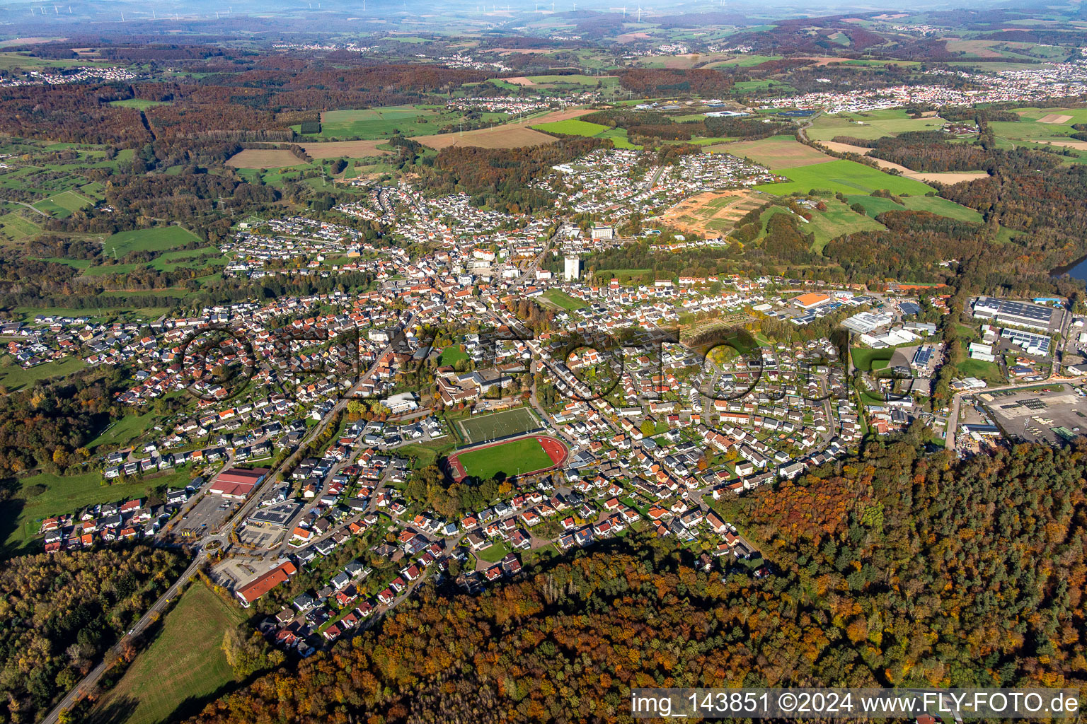 Town from the south in the district Eichelscheiderhof in Waldmohr in the state Rhineland-Palatinate, Germany