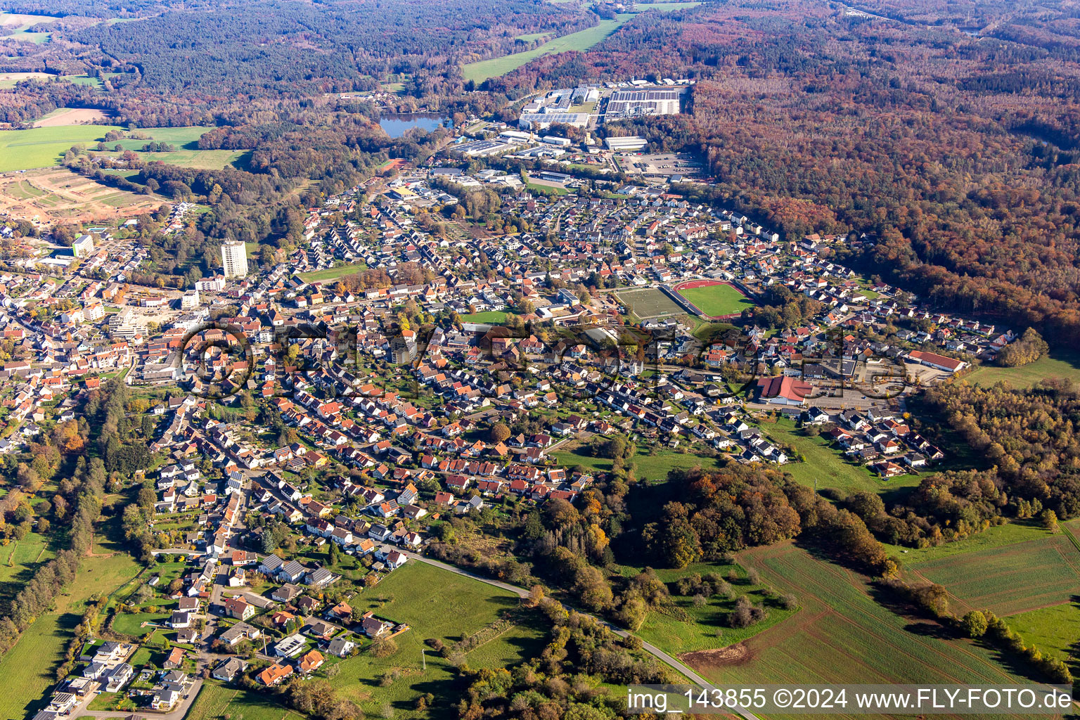 Aerial view of City from the west in the district Eichelscheiderhof in Waldmohr in the state Rhineland-Palatinate, Germany