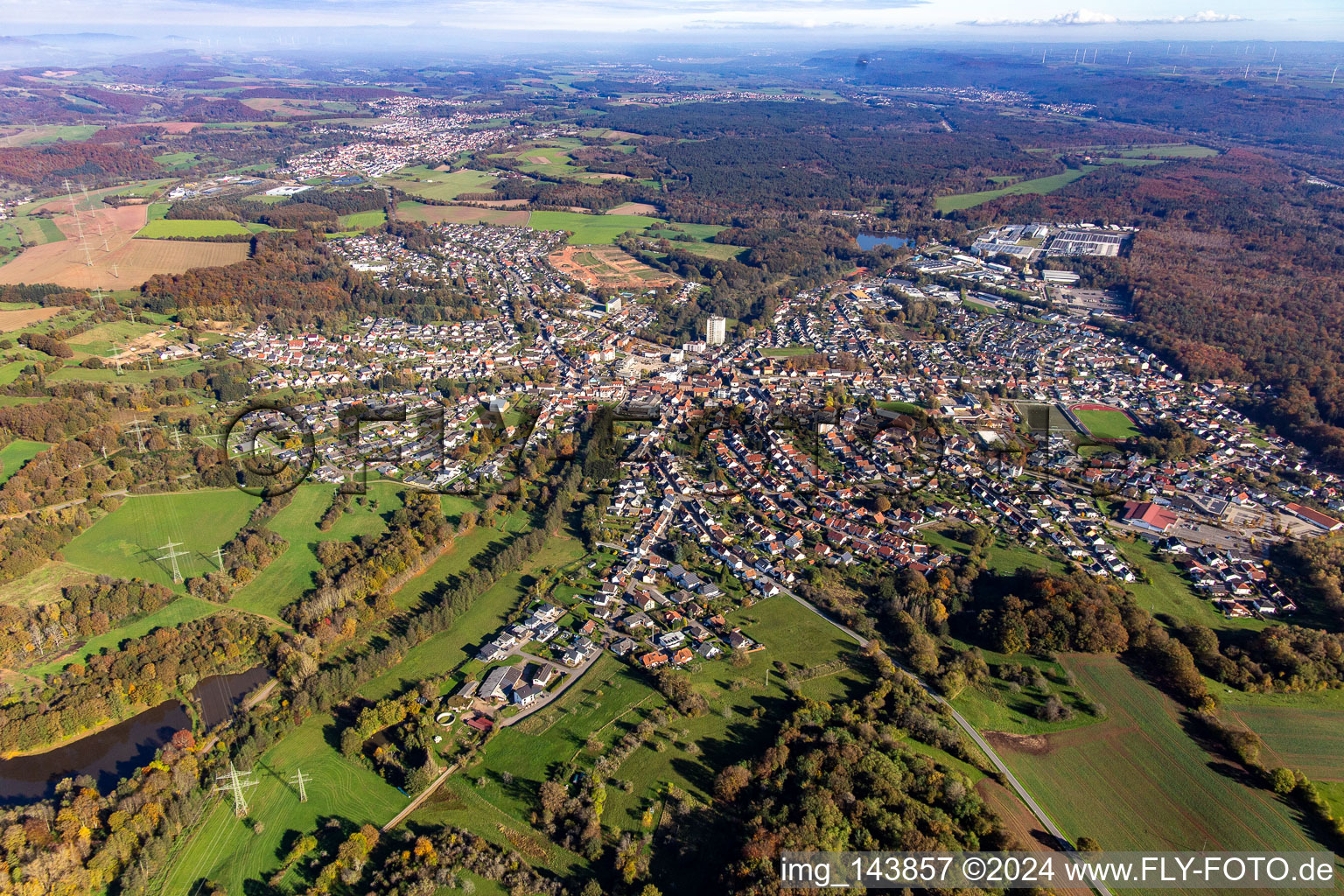 Aerial photograpy of City from the west in the district Eichelscheiderhof in Waldmohr in the state Rhineland-Palatinate, Germany