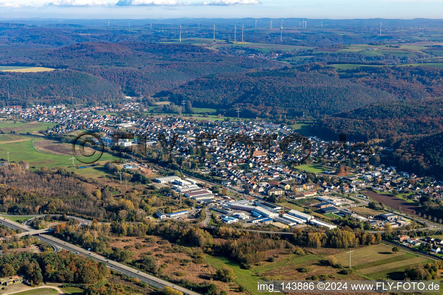 Aerial view of Town from the northwest in the district Bruchmühlbach in Bruchmühlbach-Miesau in the state Rhineland-Palatinate, Germany