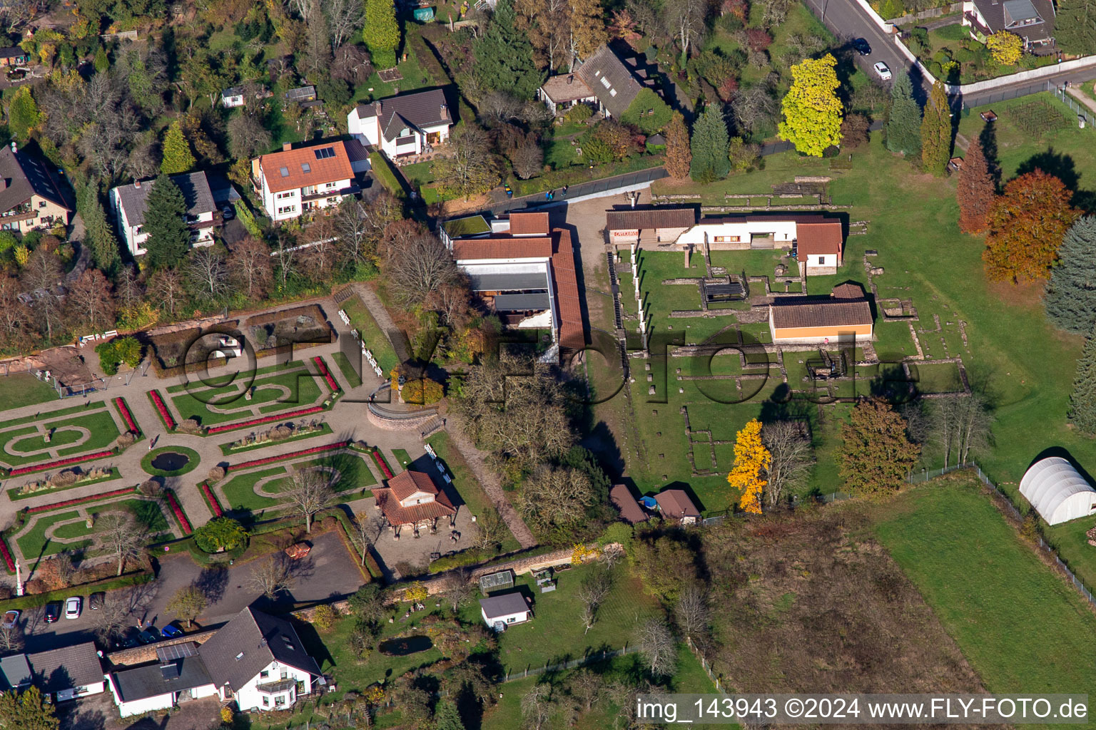 Aerial view of Roman Museum Schwarzenacker in the district Einöd in Homburg in the state Saarland, Germany