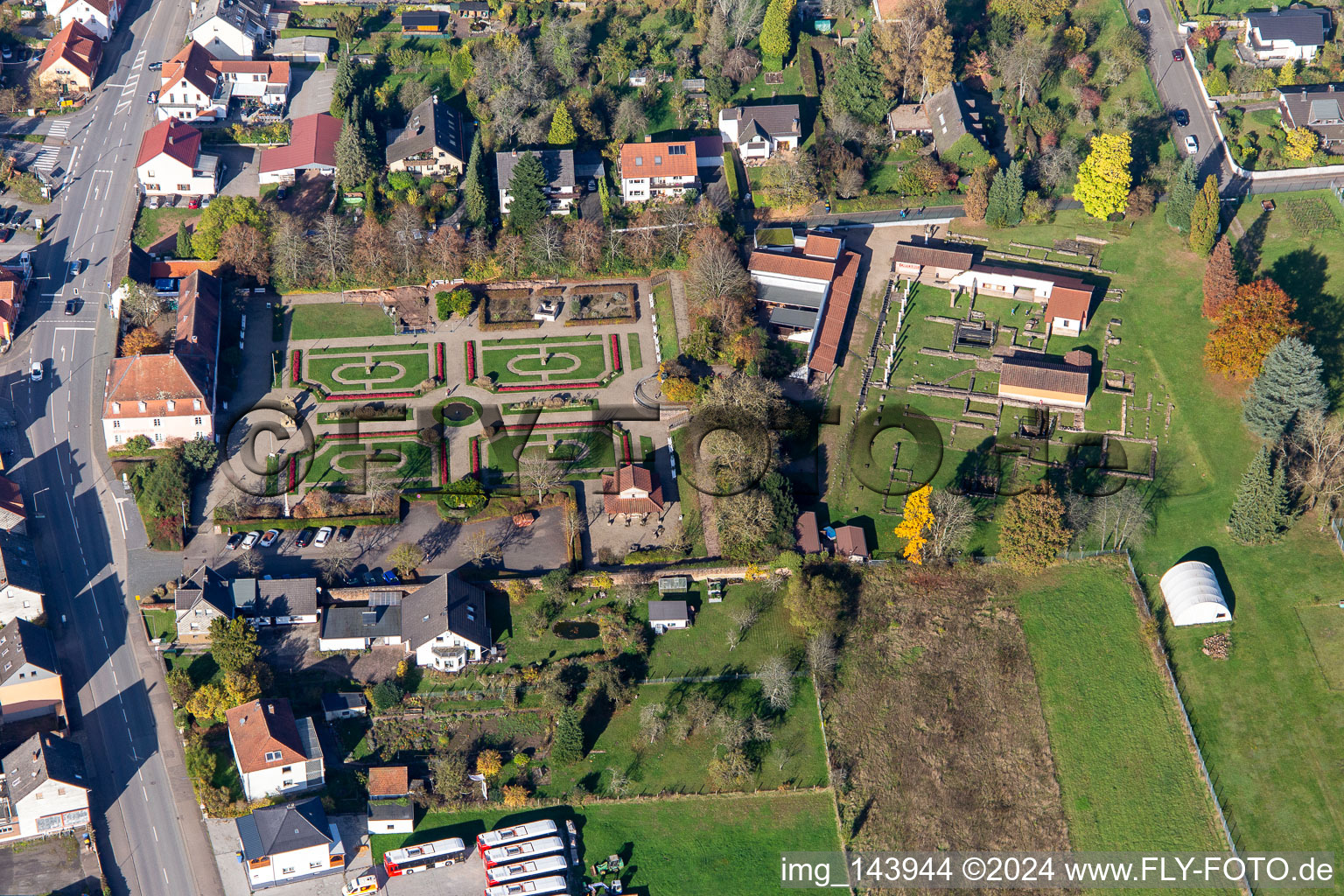 Aerial photograpy of Roman Museum Schwarzenacker in the district Einöd in Homburg in the state Saarland, Germany