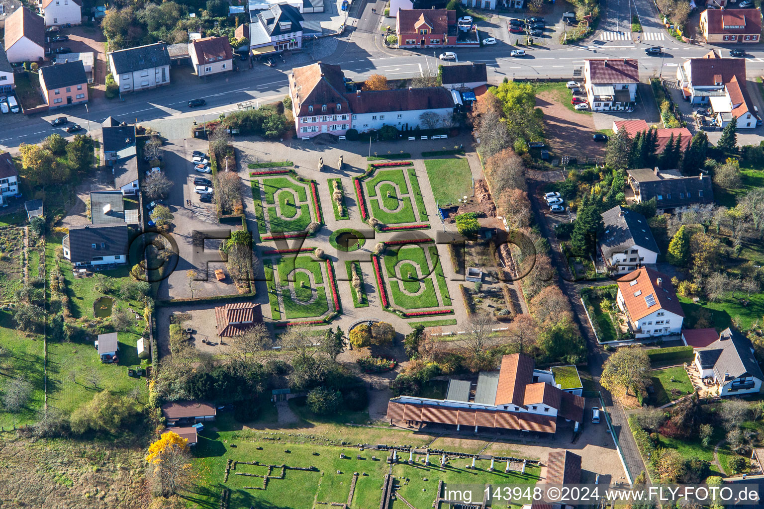 Roman Museum Schwarzenacker in the district Einöd in Homburg in the state Saarland, Germany from above
