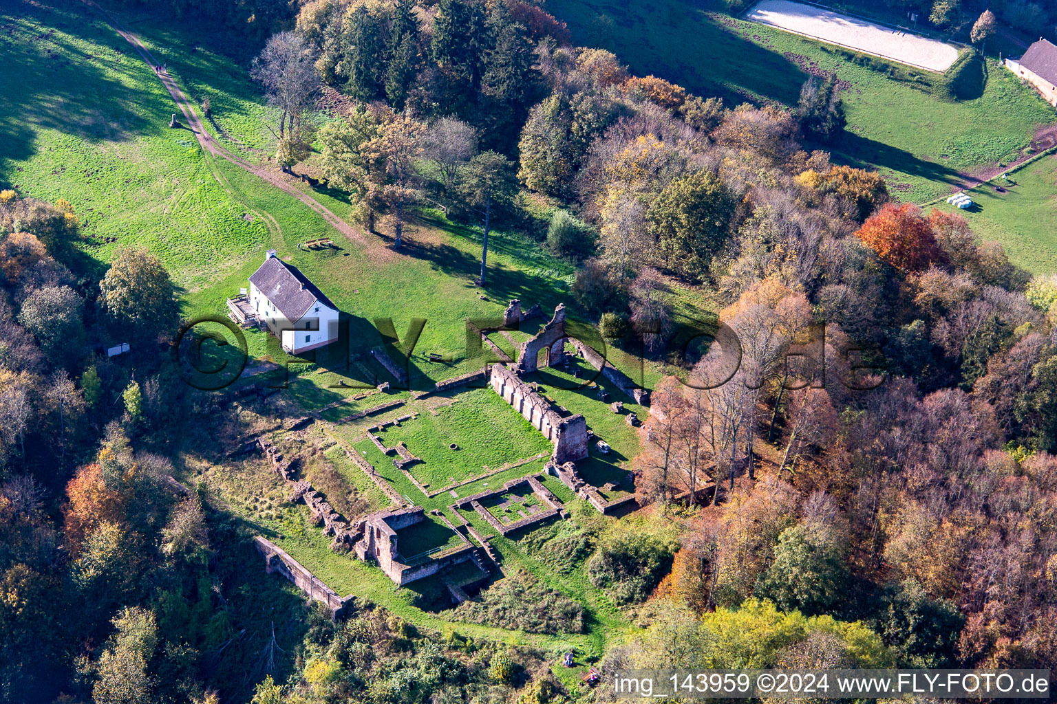 Aerial view of Monastery ruins Wörschweiler in the district Wörschweiler in Homburg in the state Saarland, Germany