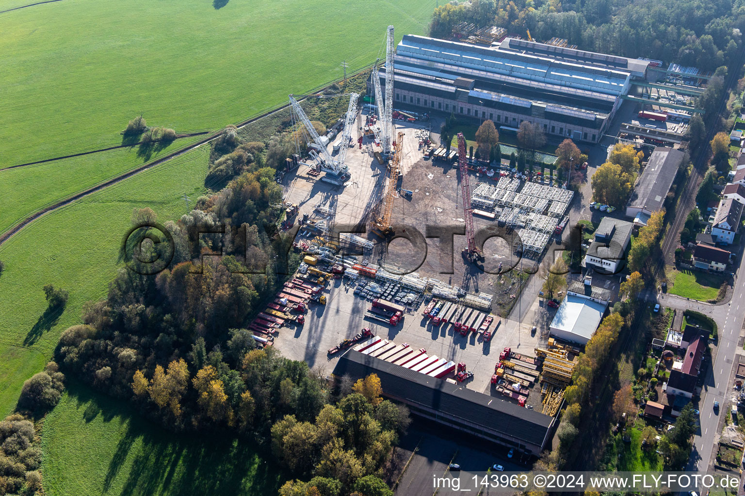 Aerial view of Onroad GmbH (special and heavy transport, crane transfers, crane work) in the district Bierbach in Blieskastel in the state Saarland, Germany