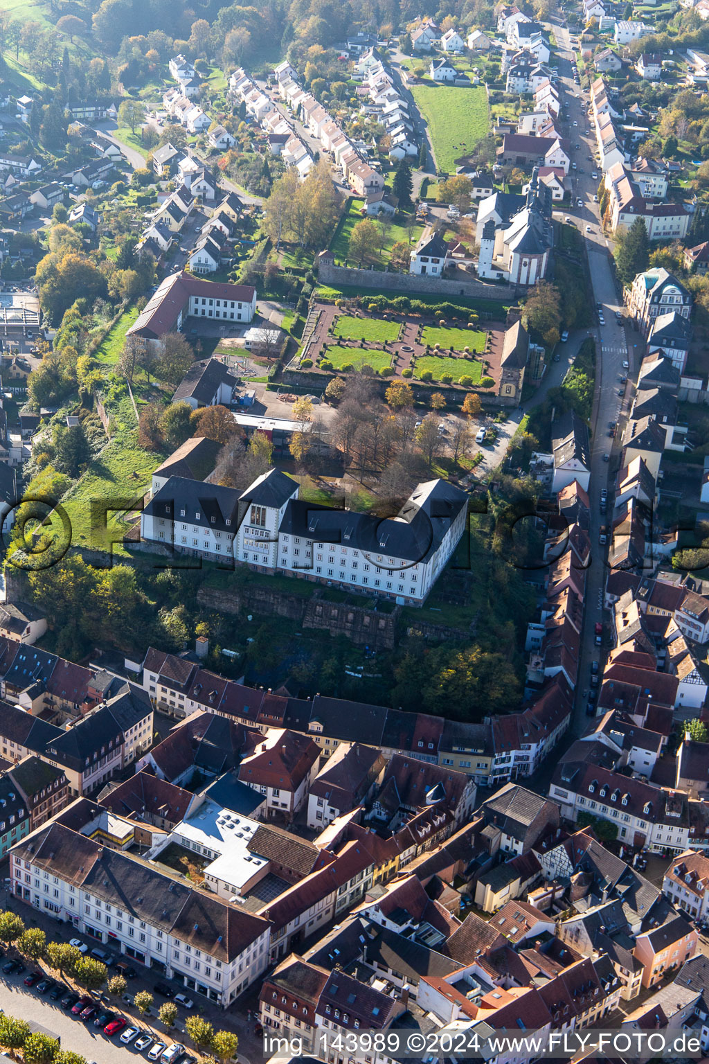 Aerial view of St. Anna and St. Philipp (castle church), orangery and baroque castle above the city in Blieskastel in the state Saarland, Germany