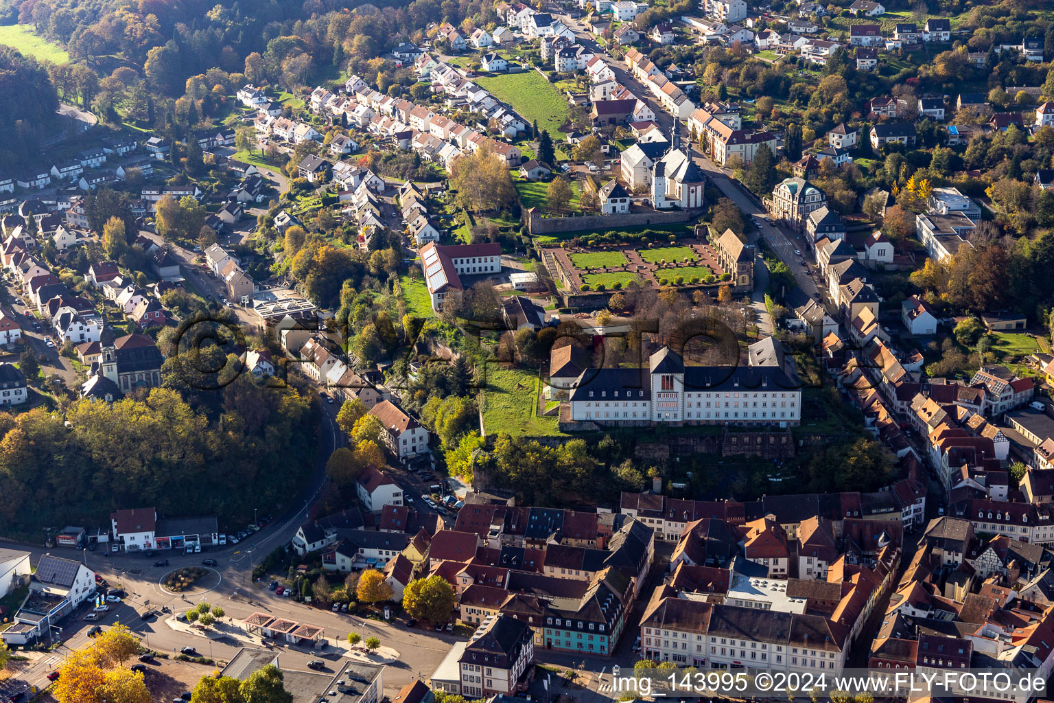 Aerial photograpy of St. Anna and St. Philipp (castle church), orangery and baroque castle above the city in Blieskastel in the state Saarland, Germany