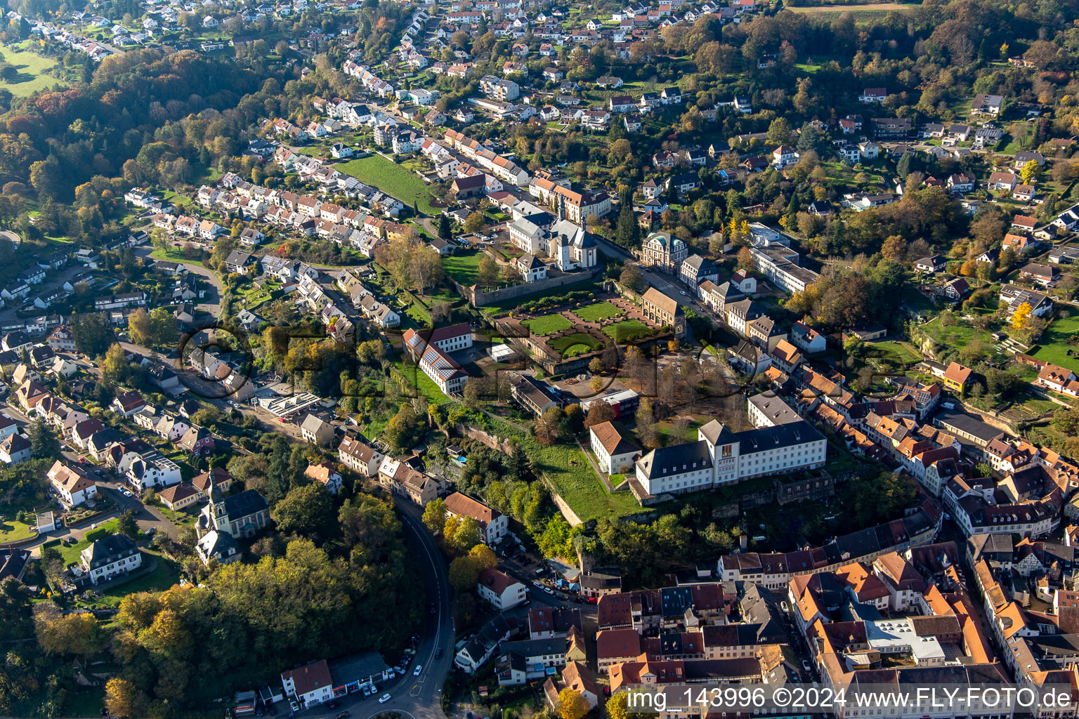 Oblique view of St. Anna and St. Philipp (castle church), orangery and baroque castle above the city in Blieskastel in the state Saarland, Germany