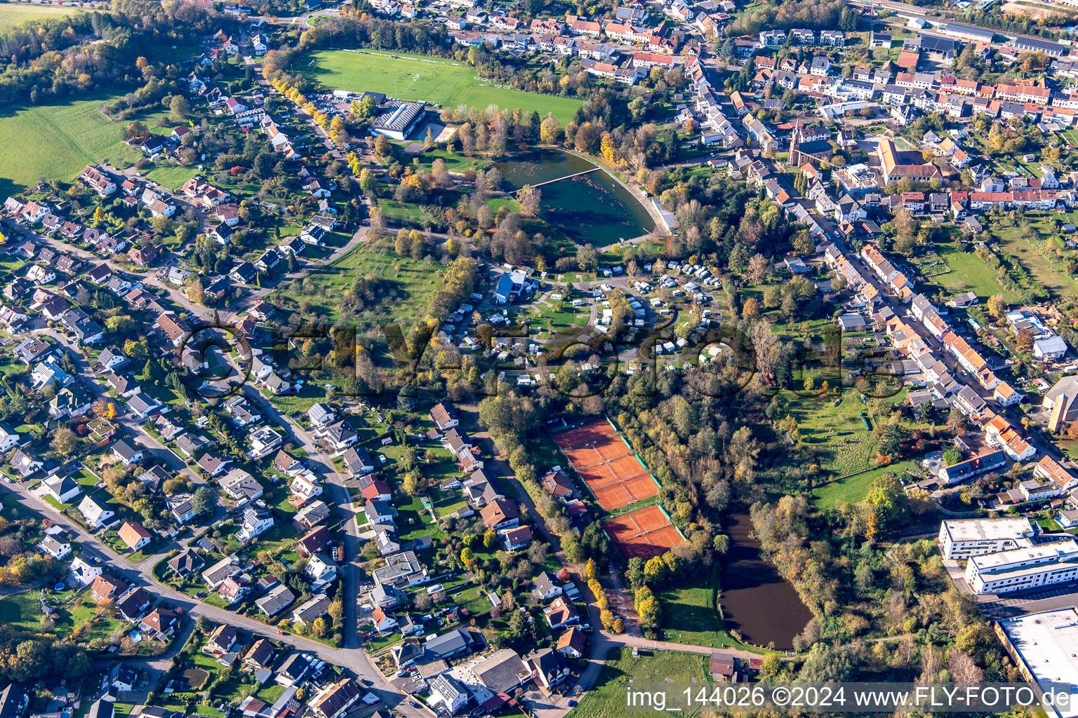 Natural outdoor swimming pool Kirkel as well as sports and leisure facilities in the center of town in the district Kirkel-Neuhäusel in Kirkel in the state Saarland, Germany