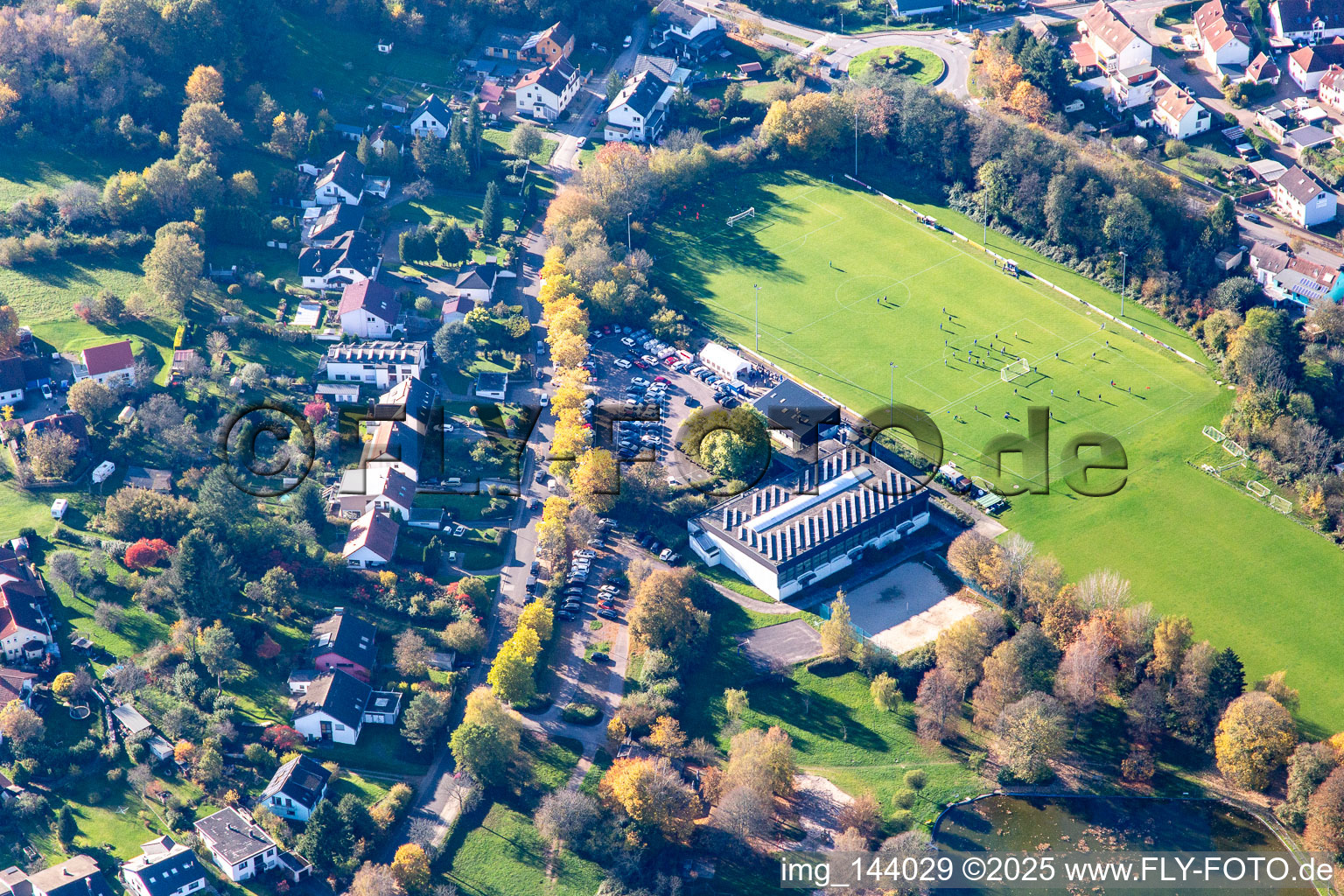 Castle Hall Kirkel and sports field of SV Kirkel in the district Kirkel-Neuhäusel in Kirkel in the state Saarland, Germany