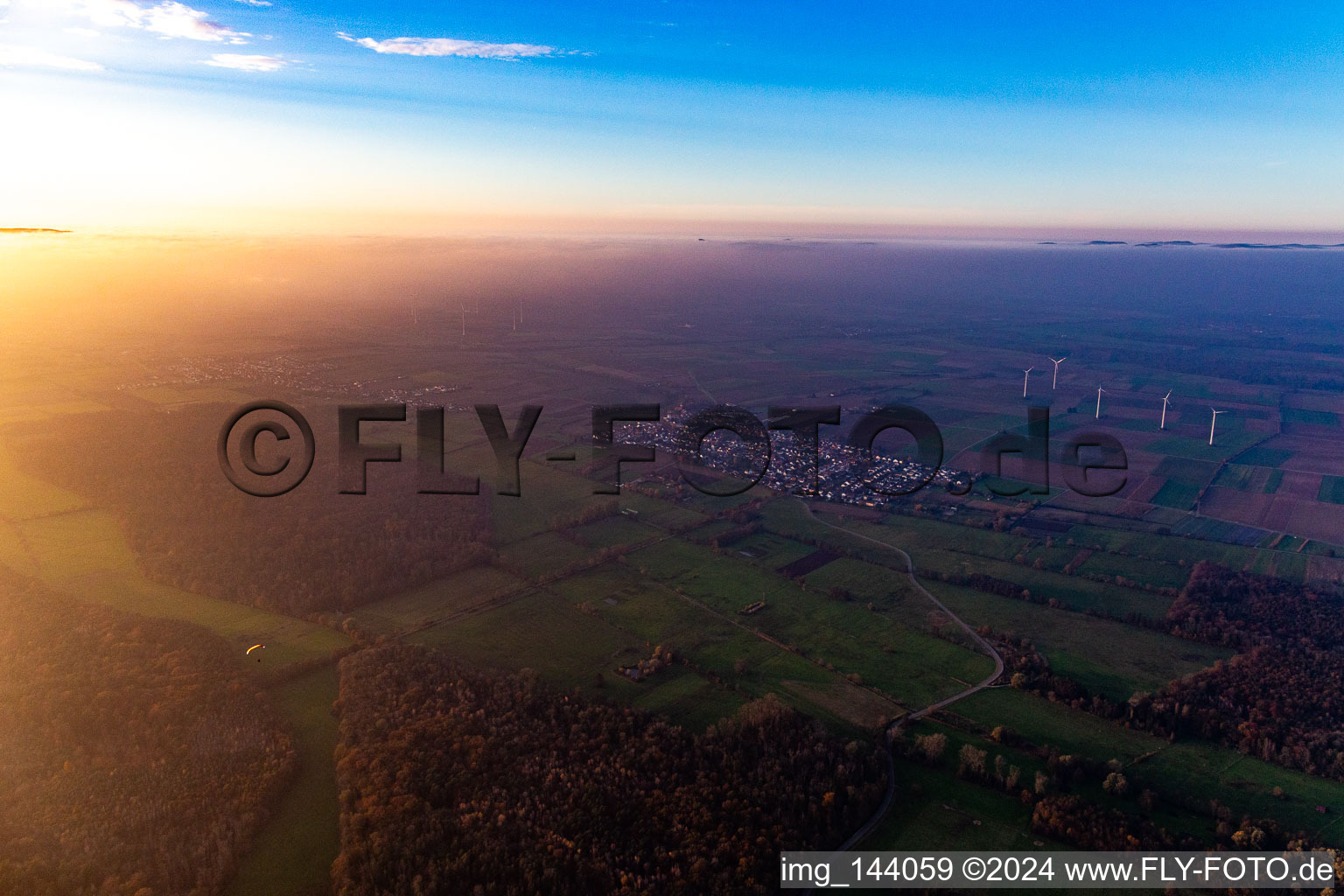 Aerial view of Otterbach lowland on the northern edge of the Bienwald between Minfeld and Kandel in Minfeld in the state Rhineland-Palatinate, Germany