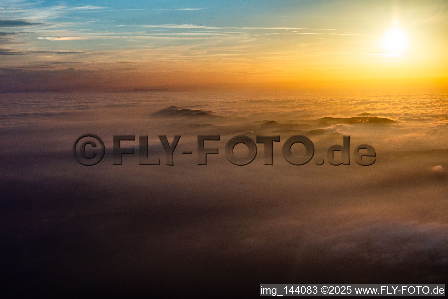 Sunset over the Northern Vosges and the Palatinate Forest in clouds in Soultz-sous-Forêts in the state Bas-Rhin, France