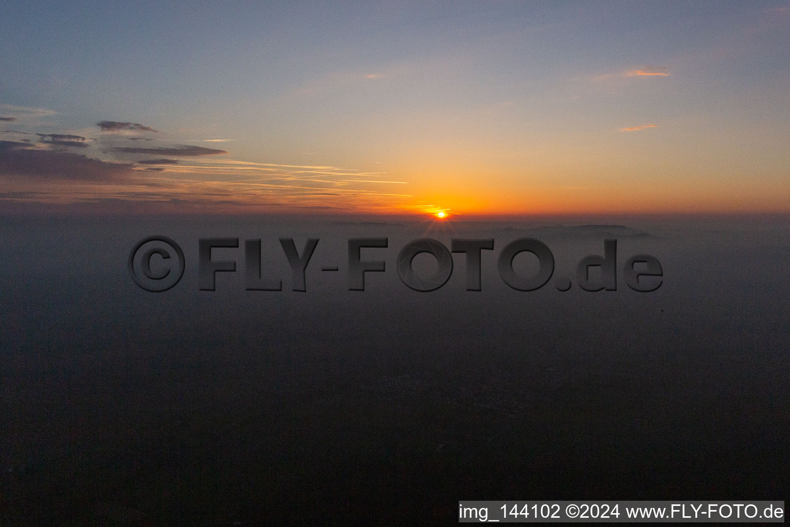 Aerial photograpy of Sunset over the Northern Vosges and the Palatinate Forest in Wissembourg in the state Bas-Rhin, France