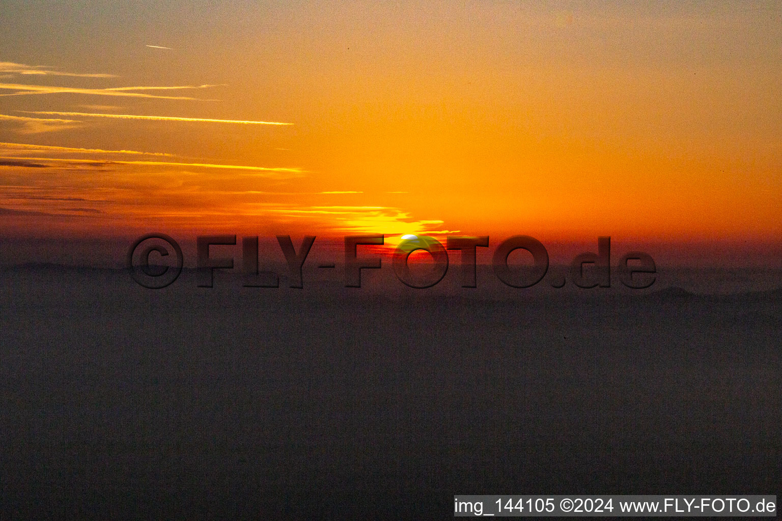 Oblique view of Sunset over the Northern Vosges and the Palatinate Forest in Wissembourg in the state Bas-Rhin, France