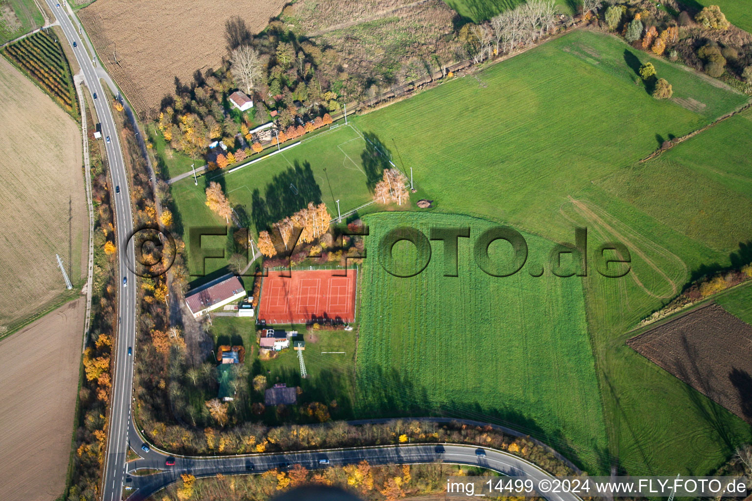 Aerial view of Sports field at the motorway exit in Erlenbach bei Kandel in the state Rhineland-Palatinate, Germany