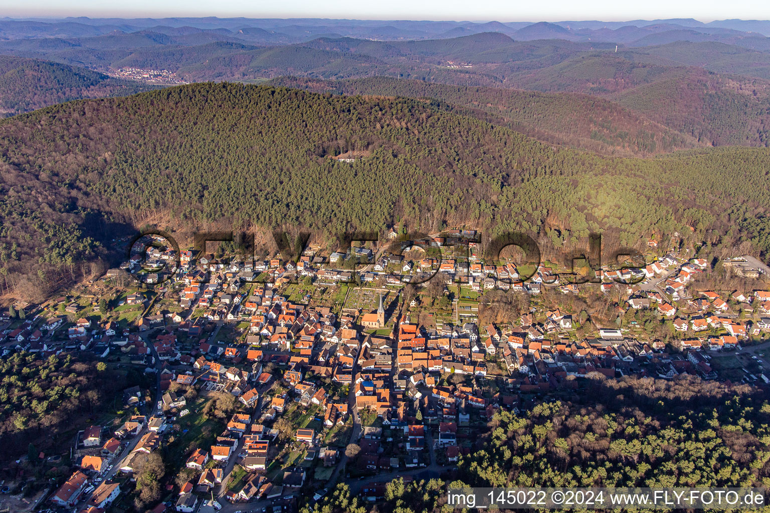 Aerial view of The Sleeping Beauty of the Palatinate from the south in Dörrenbach in the state Rhineland-Palatinate, Germany