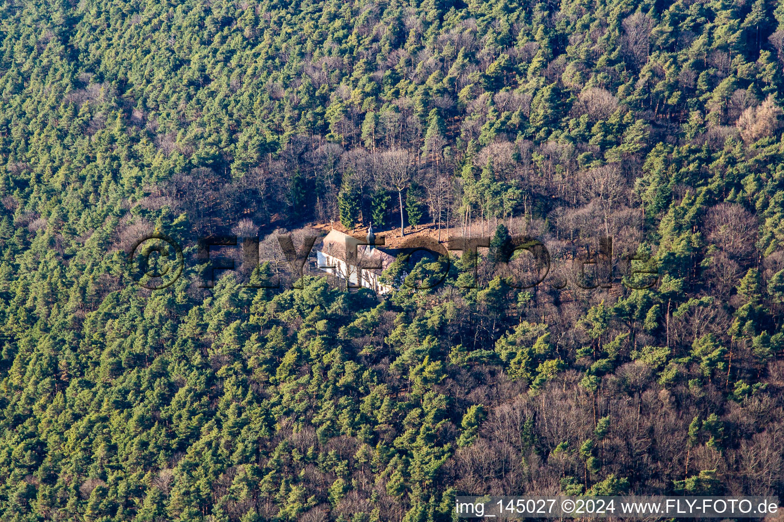 Aerial view of Kolmerberg Chapel in Dörrenbach in the state Rhineland-Palatinate, Germany