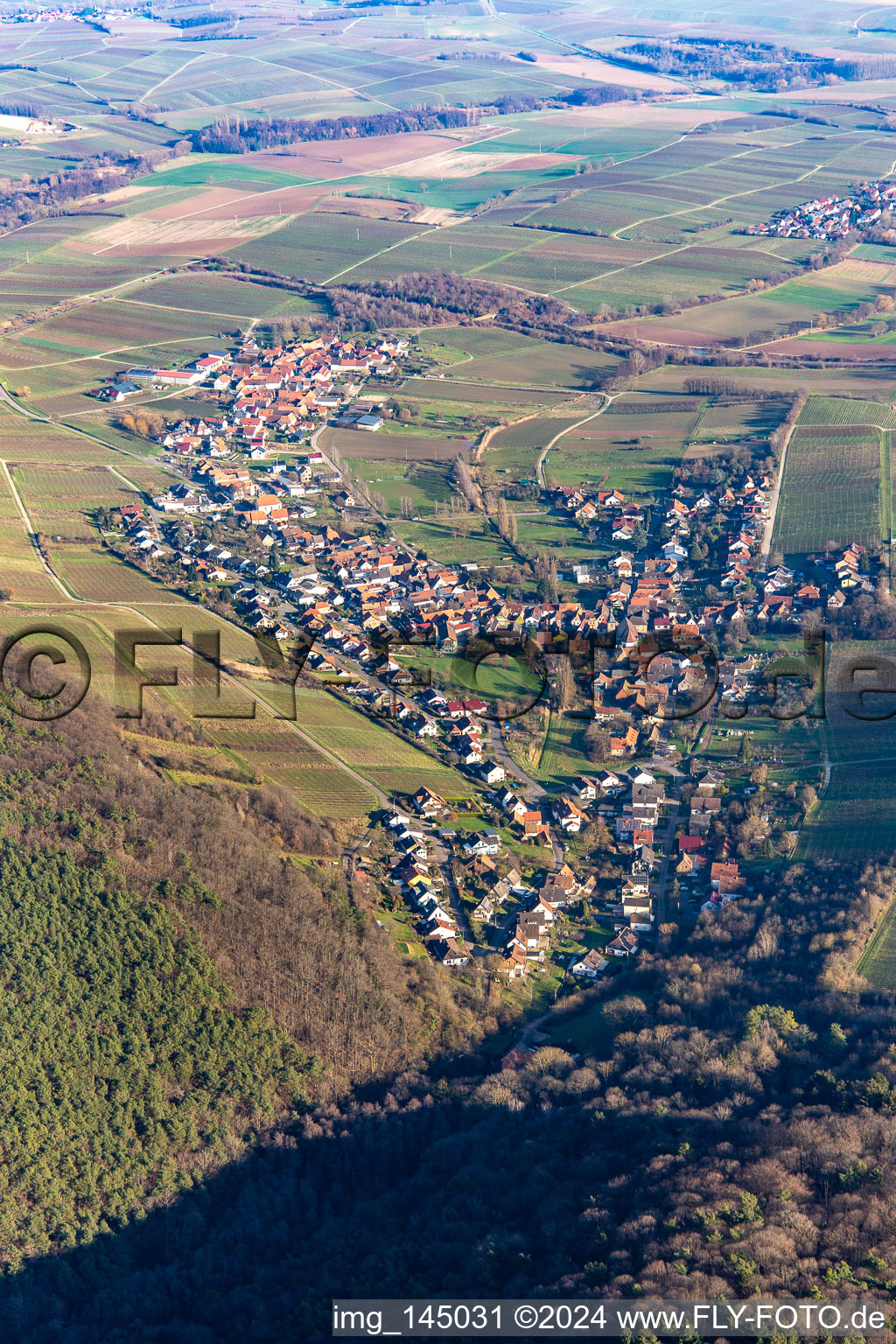 Village on the edge of the Haardt from the southwest in the district Pleisweiler in Pleisweiler-Oberhofen in the state Rhineland-Palatinate, Germany
