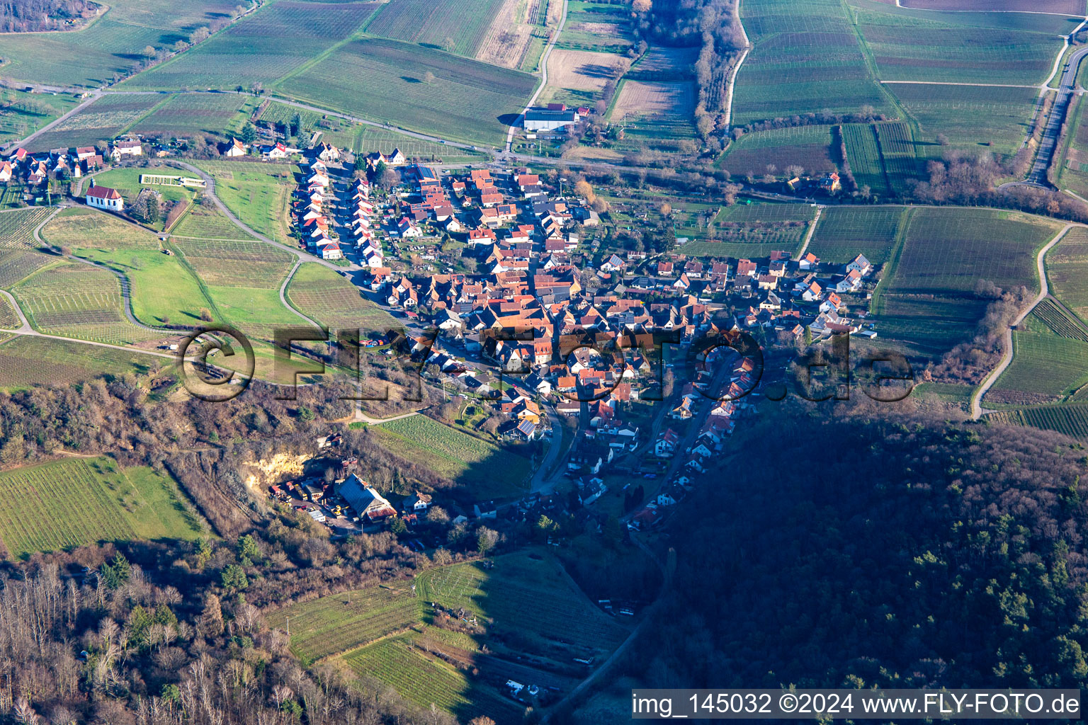 Wine village on the edge of the Haardt from the west in the district Gleishorbach in Gleiszellen-Gleishorbach in the state Rhineland-Palatinate, Germany