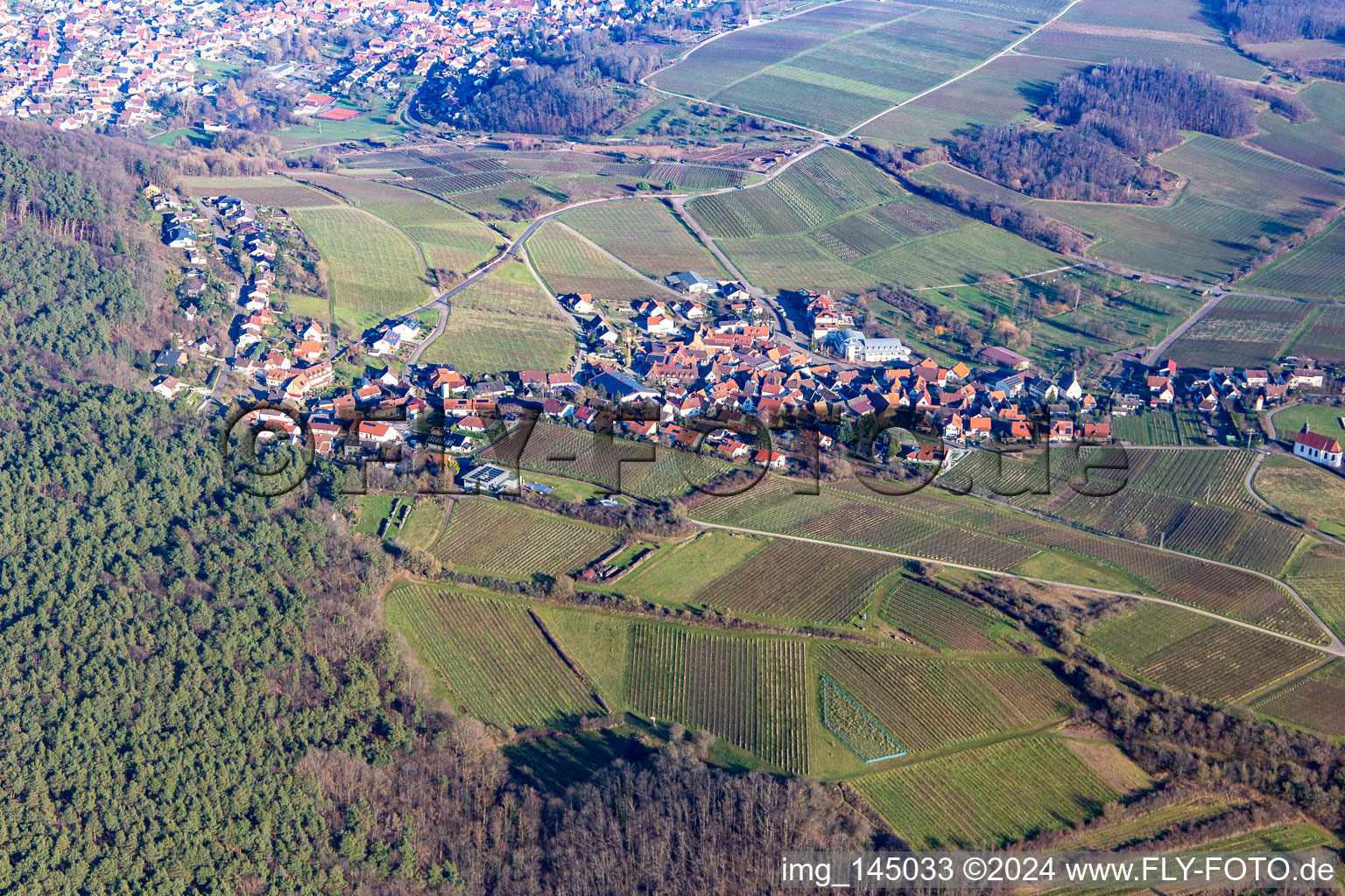 Wine village on the edge of the Haardt from the southwest in the district Gleiszellen in Gleiszellen-Gleishorbach in the state Rhineland-Palatinate, Germany