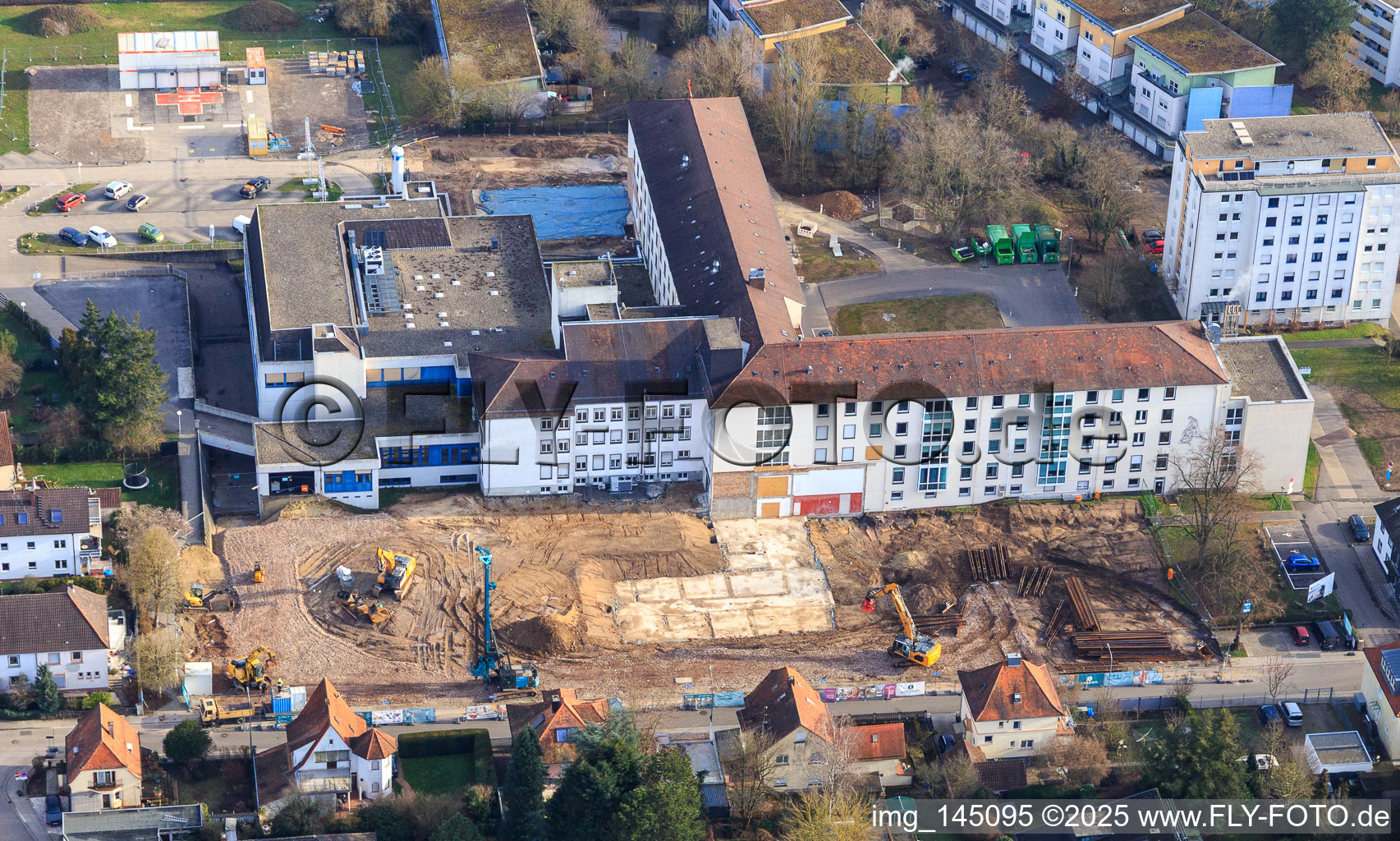 Aerial view of Construction site for the renovation of the Asklpios Südpfalzkliniken in Kandel in the state Rhineland-Palatinate, Germany