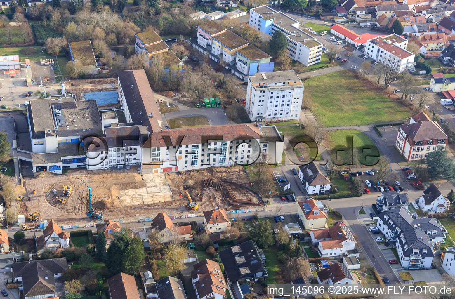 Aerial photograpy of Construction site for the renovation of the Asklpios Südpfalzkliniken in Kandel in the state Rhineland-Palatinate, Germany