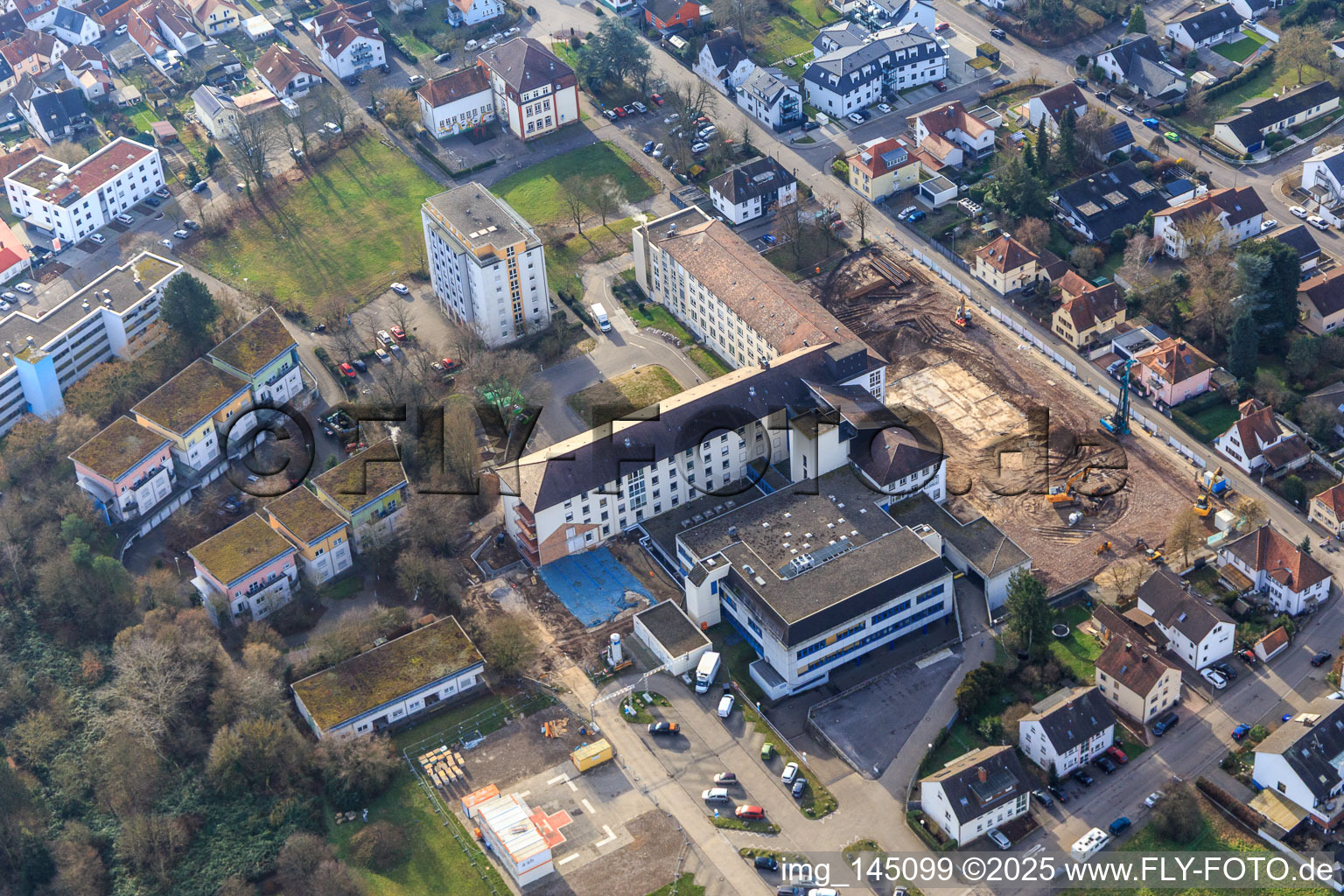 Construction site for the renovation of the Asklpios Südpfalzkliniken in Kandel in the state Rhineland-Palatinate, Germany from above