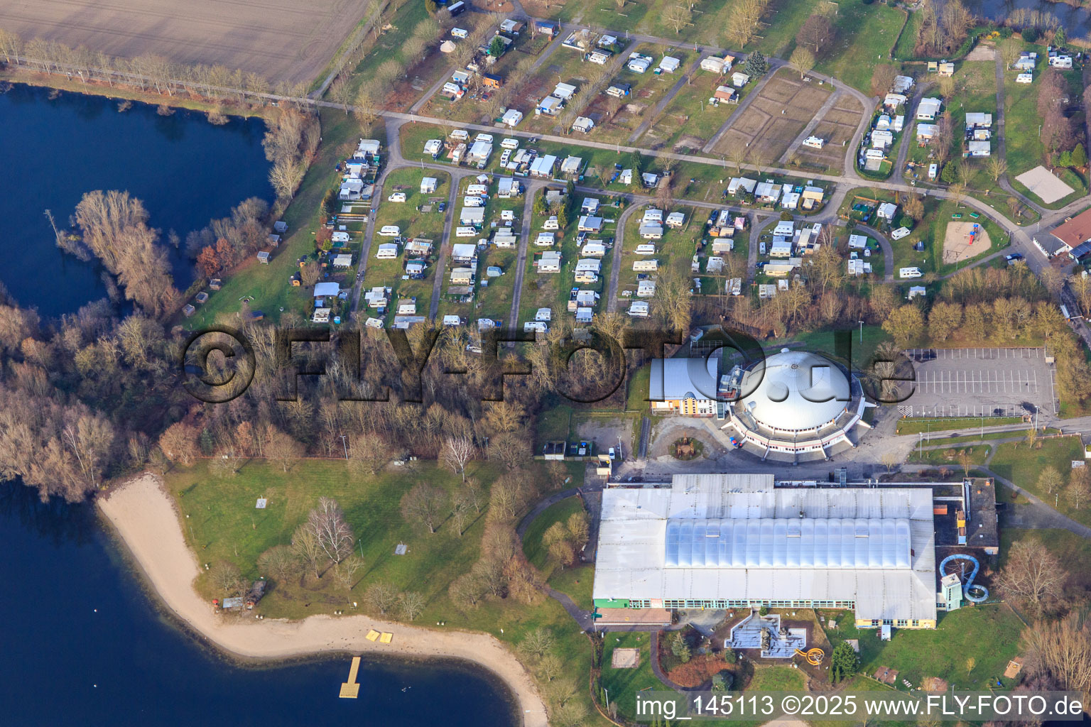 Aerial photograpy of Beach and camping at the Moby Dick leisure center in Rülzheim in the state Rhineland-Palatinate, Germany
