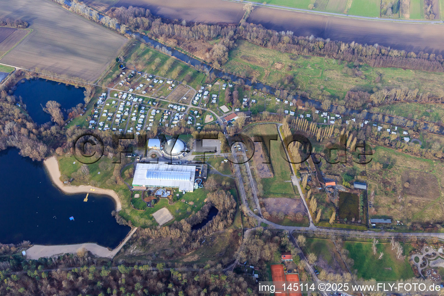 Oblique view of Beach and camping at the Moby Dick leisure center in Rülzheim in the state Rhineland-Palatinate, Germany