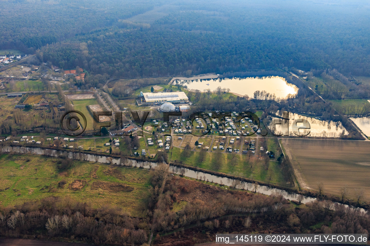 Beach and camping at the Moby Dick leisure center in Rülzheim in the state Rhineland-Palatinate, Germany out of the air