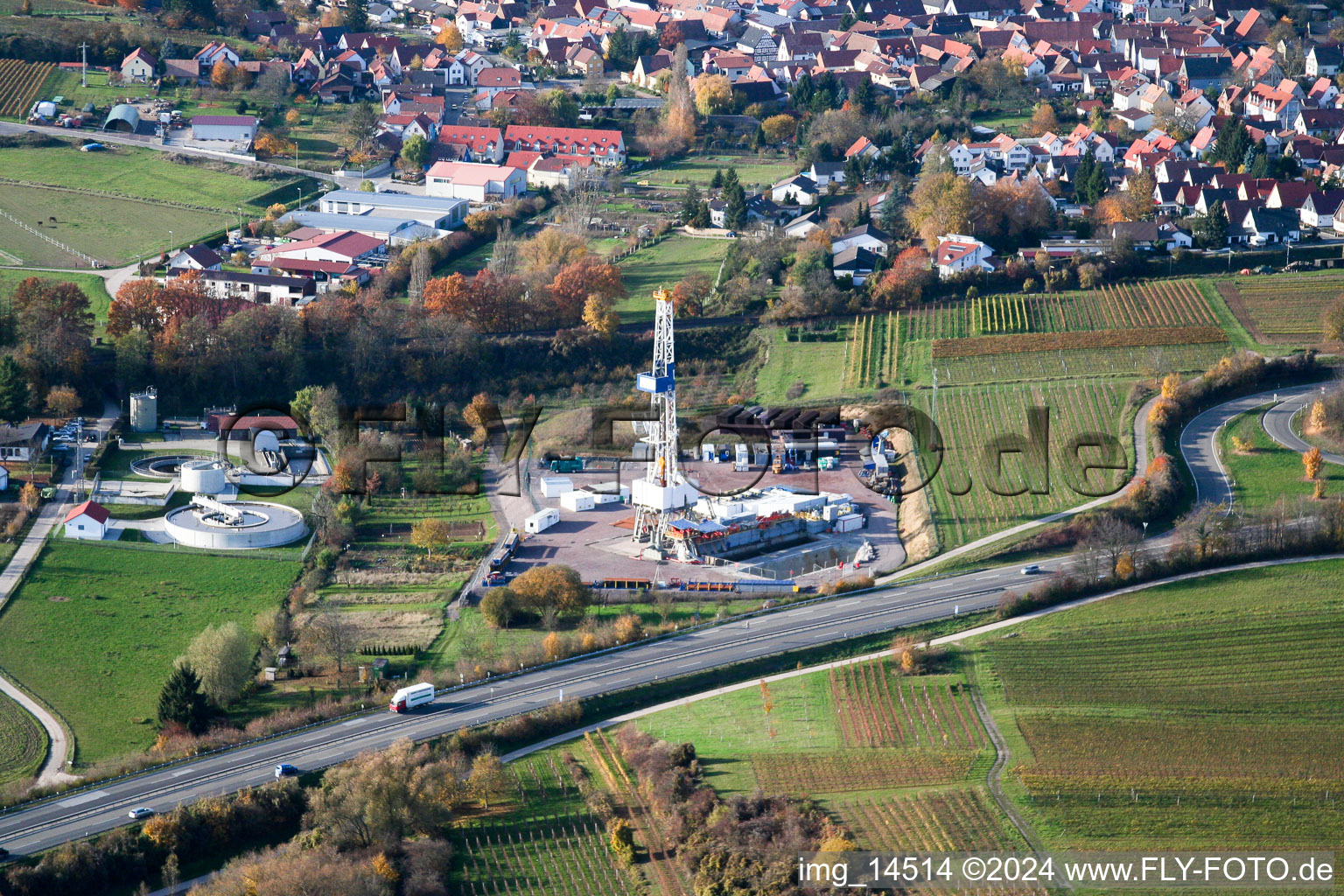 Aerial view of Geothermal drilling in Insheim in the state Rhineland-Palatinate, Germany